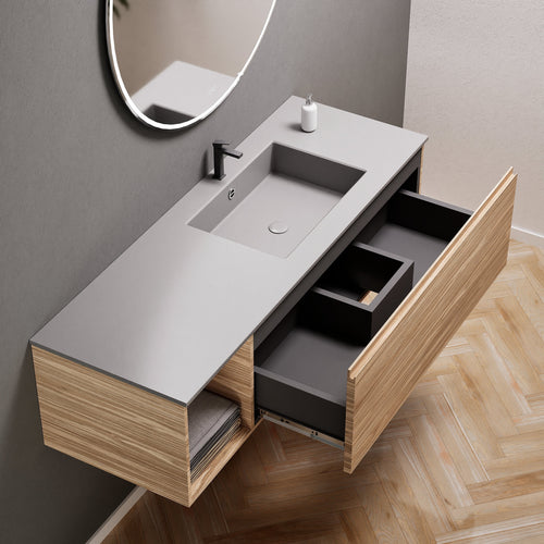 Aurora Single Set – Corian Basi & Countertop with 1 Drawer Vanity & Side Shelf - ROVALUX