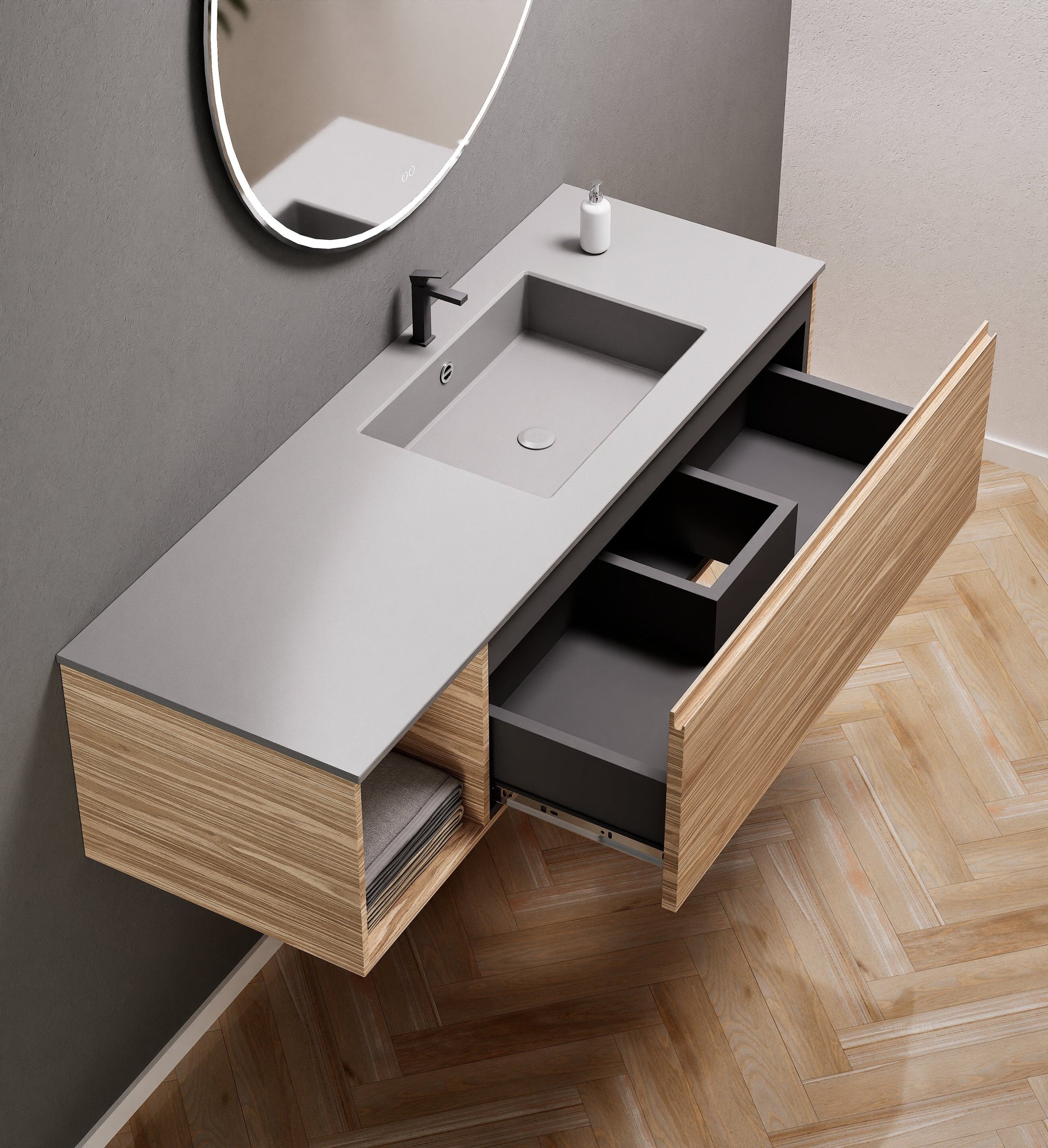 Aurora Single Set – Corian Basi & Countertop with 1 Drawer Vanity & Side Shelf - ROVALUX