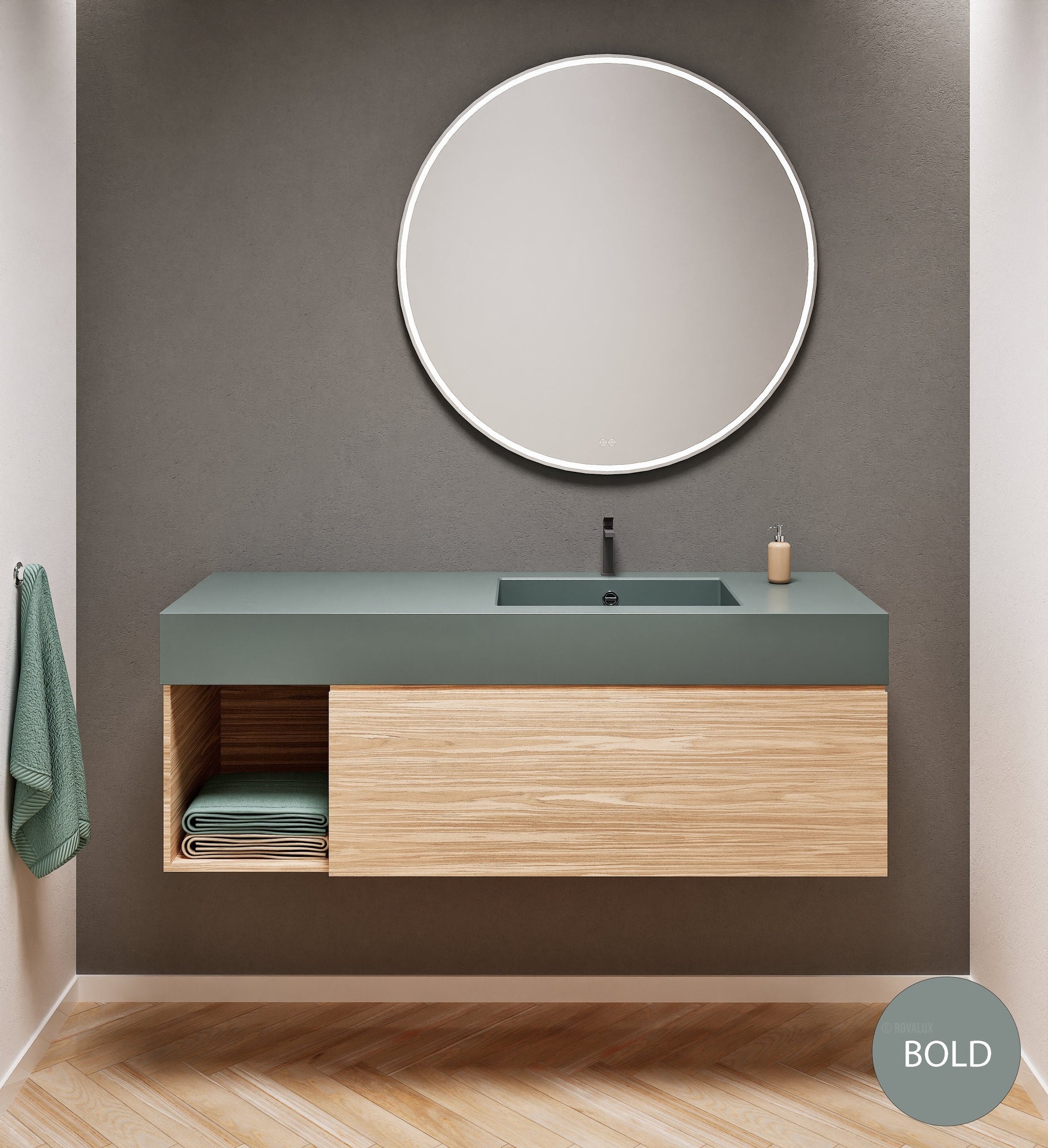 Aurora Single Set – Corian Basi & Countertop with 1 Drawer Vanity & Side Shelf - ROVALUX