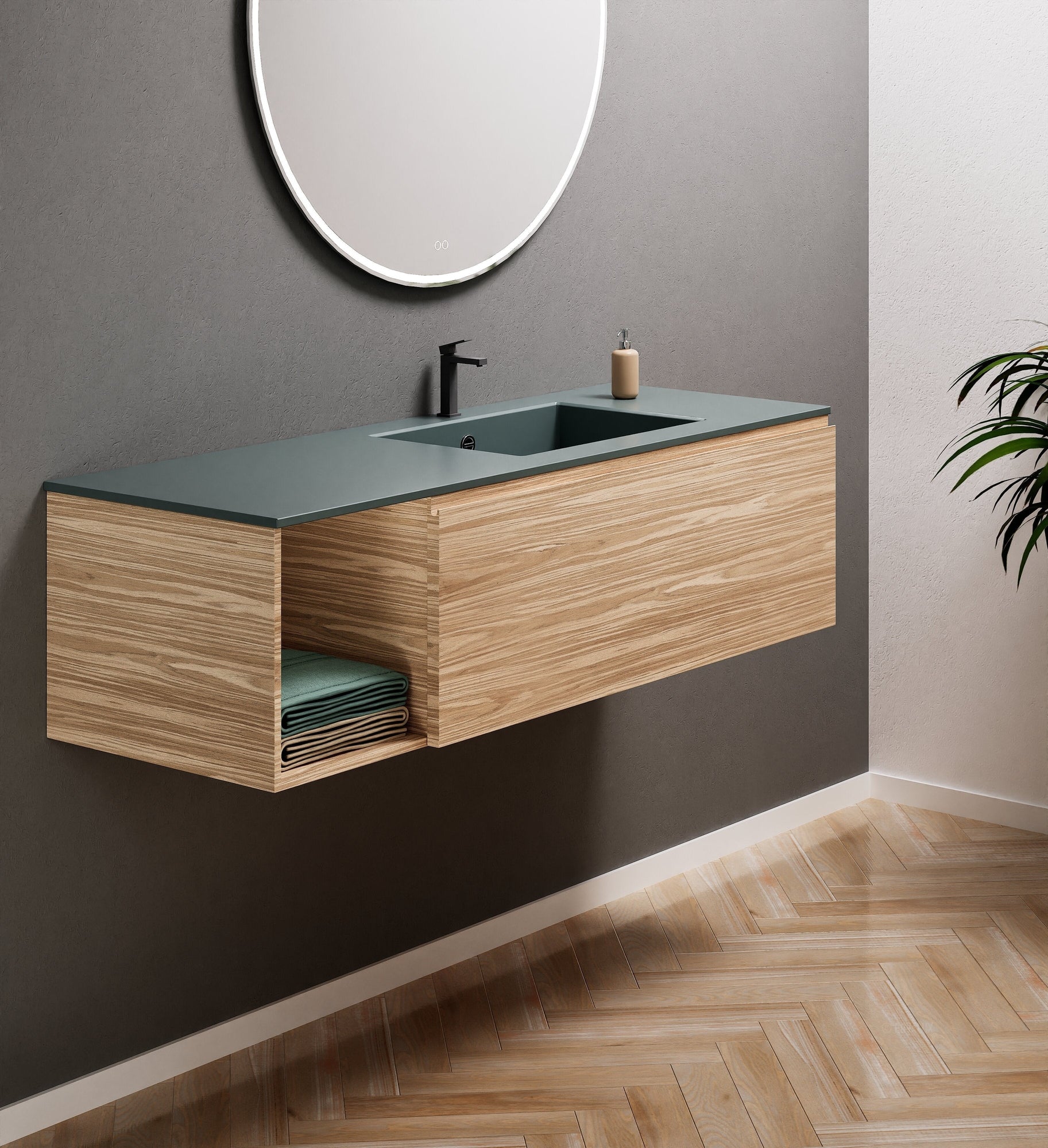 Aurora Single Set – Corian Basi & Countertop with 1 Drawer Vanity & Side Shelf - ROVALUX