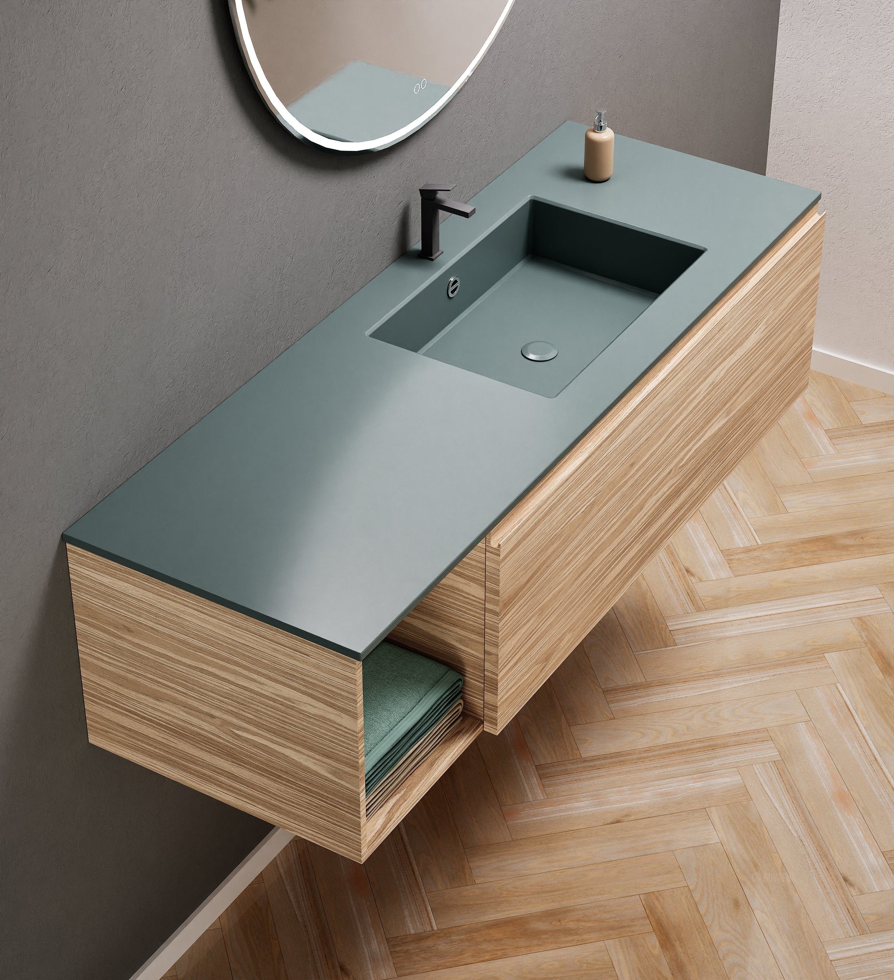Aurora Single Set – Corian Basi & Countertop with 1 Drawer Vanity & Side Shelf - ROVALUX