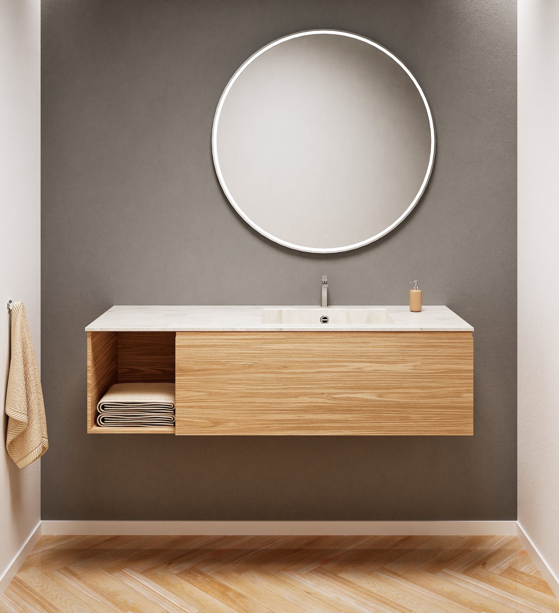 Aurora Single Set – Corian Basi & Countertop with 1 Drawer Vanity & Side Shelf - ROVALUX