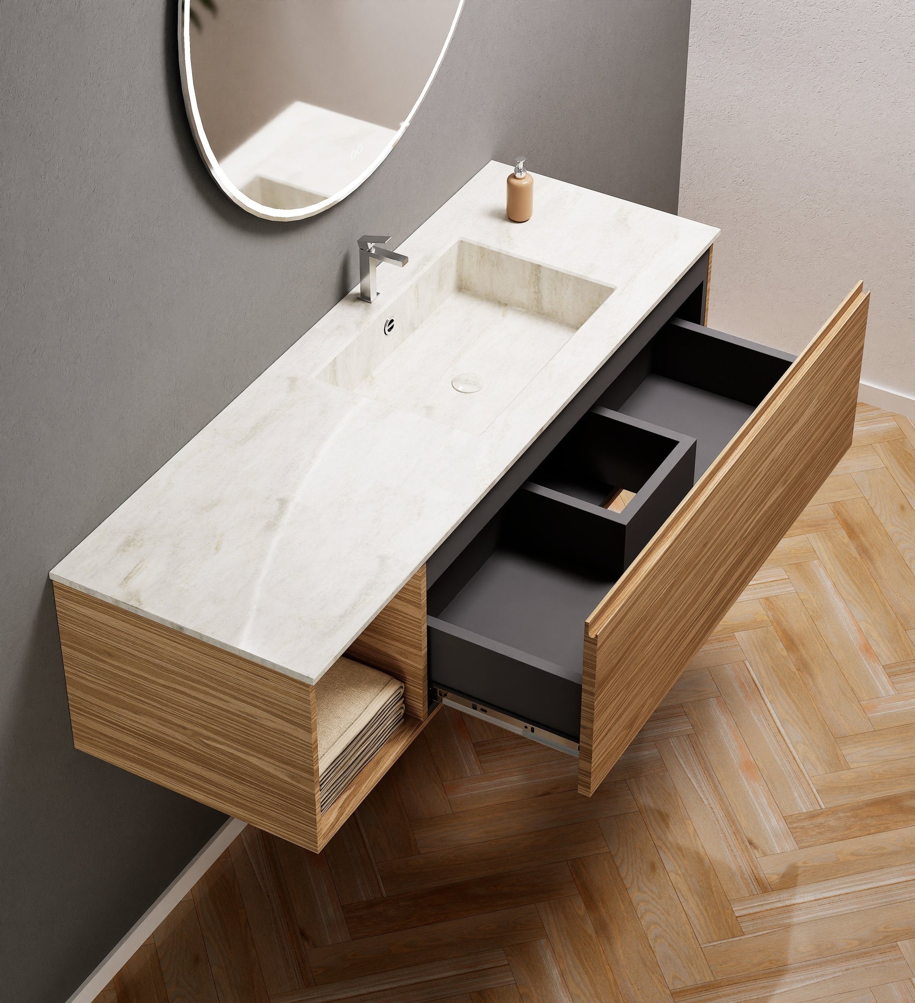 Aurora Single Set – Corian Basi & Countertop with 1 Drawer Vanity & Side Shelf - ROVALUX