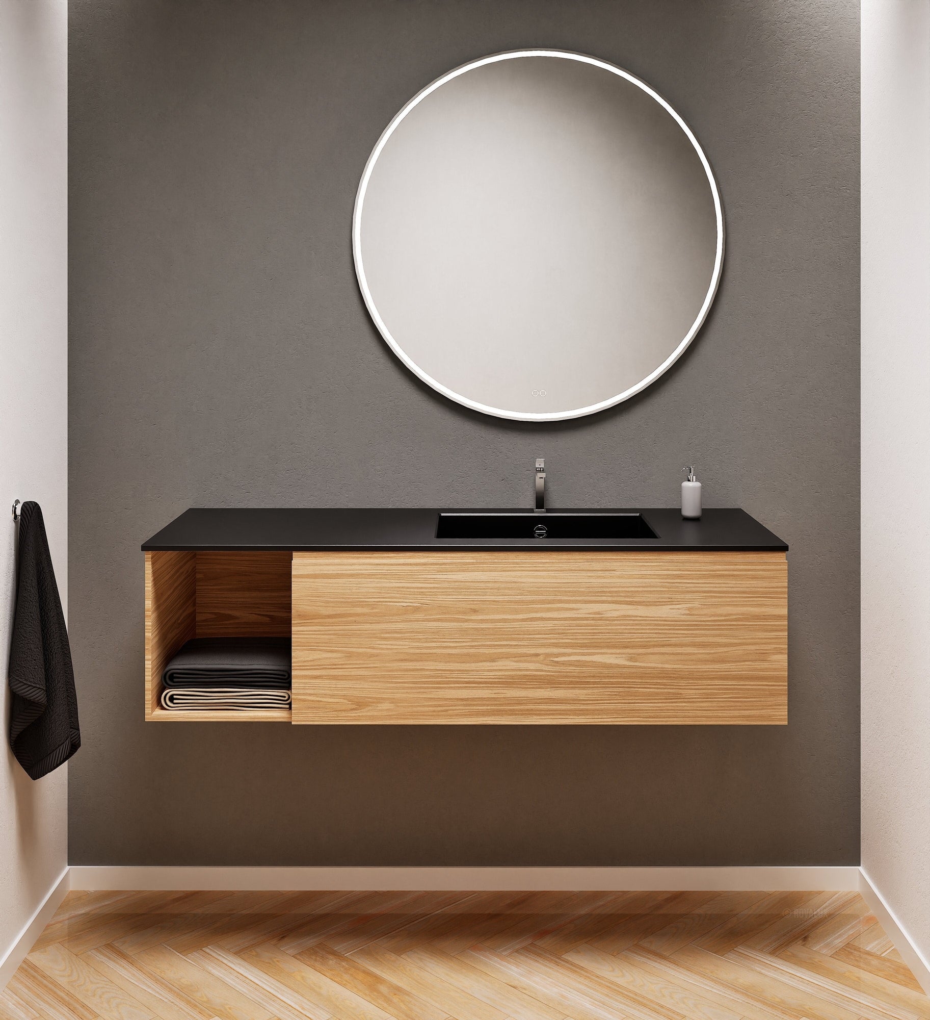 Aurora Single Set – Corian Basi & Countertop with 1 Drawer Vanity & Side Shelf - ROVALUX