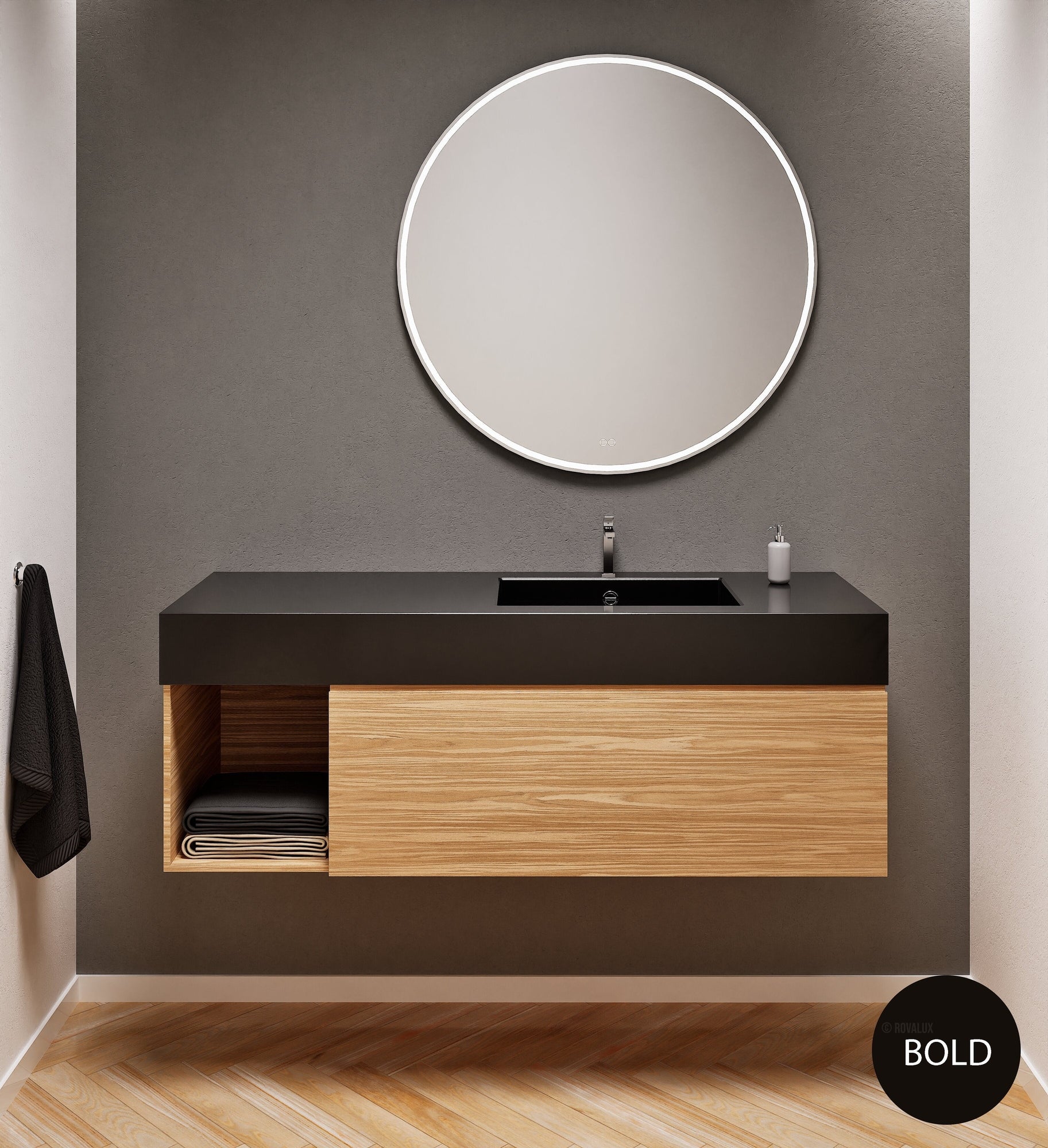 Aurora Single Set – Corian Basi & Countertop with 1 Drawer Vanity & Side Shelf - ROVALUX