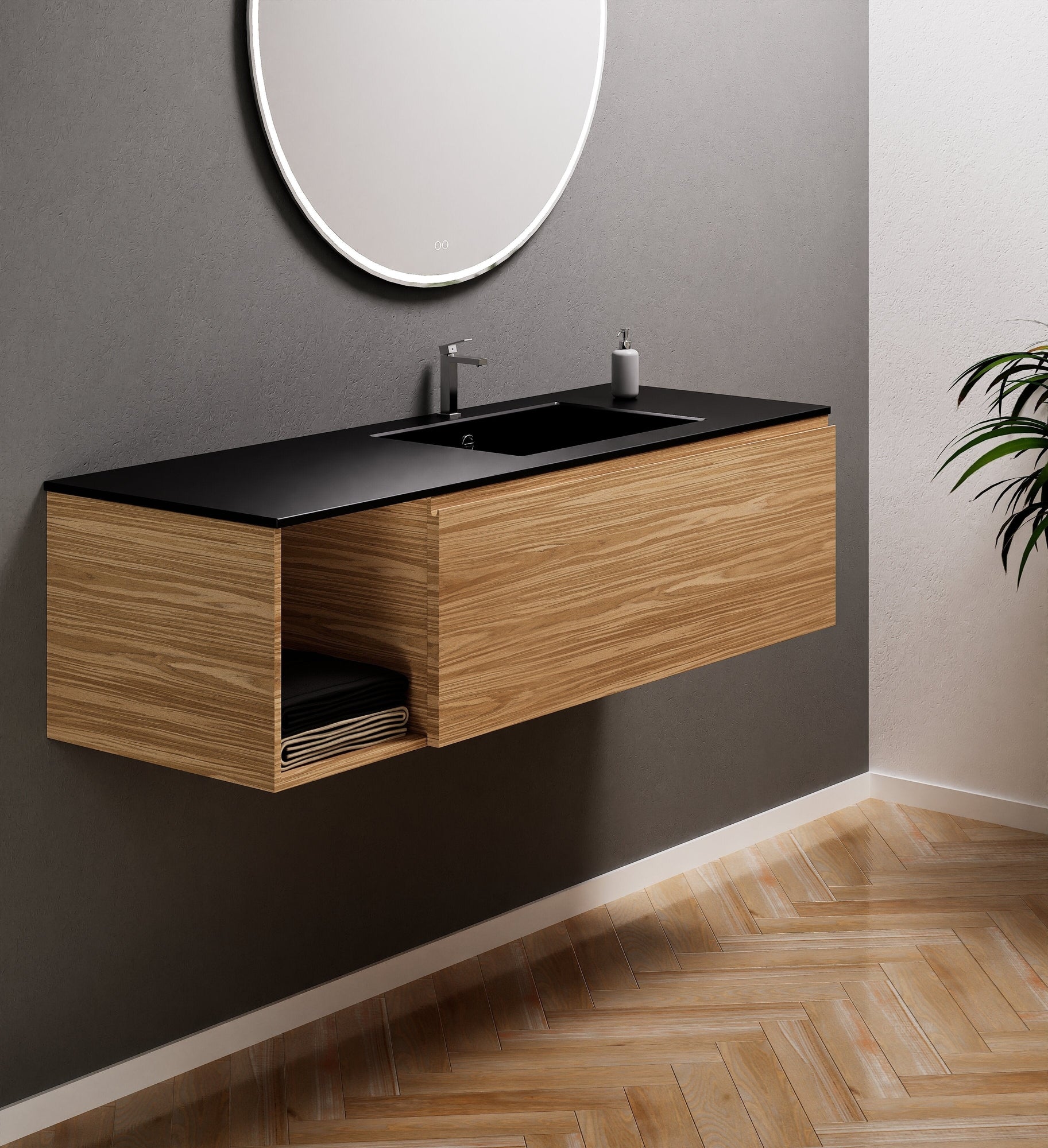 Aurora Single Set – Corian Basi & Countertop with 1 Drawer Vanity & Side Shelf - ROVALUX