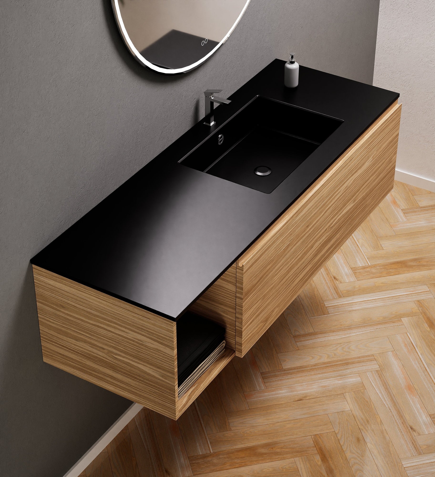 Aurora Single Set – Corian Basi & Countertop with 1 Drawer Vanity & Side Shelf - ROVALUX