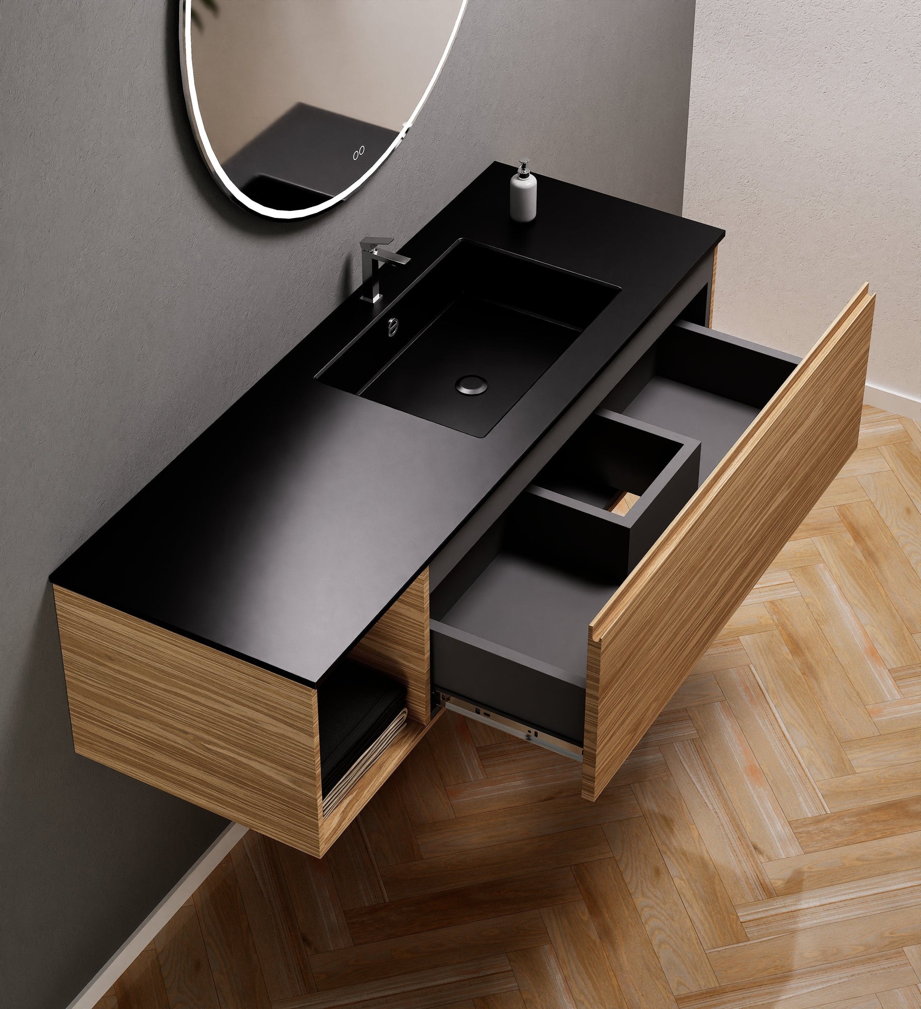 Aurora Single Set – Corian Basi & Countertop with 1 Drawer Vanity & Side Shelf - ROVALUX