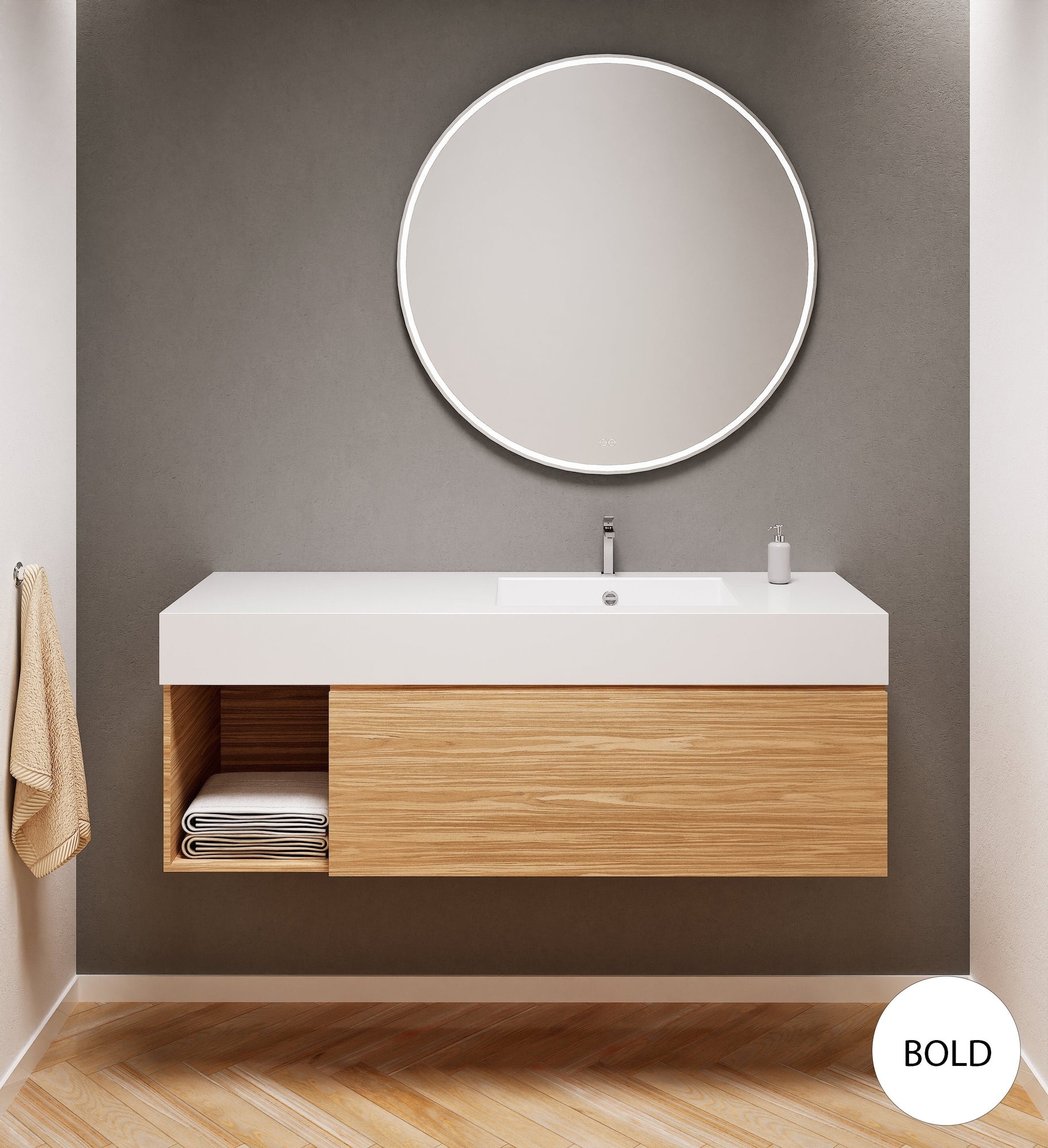Aurora Single Set – Corian Basi & Countertop with 1 Drawer Vanity & Side Shelf - ROVALUX