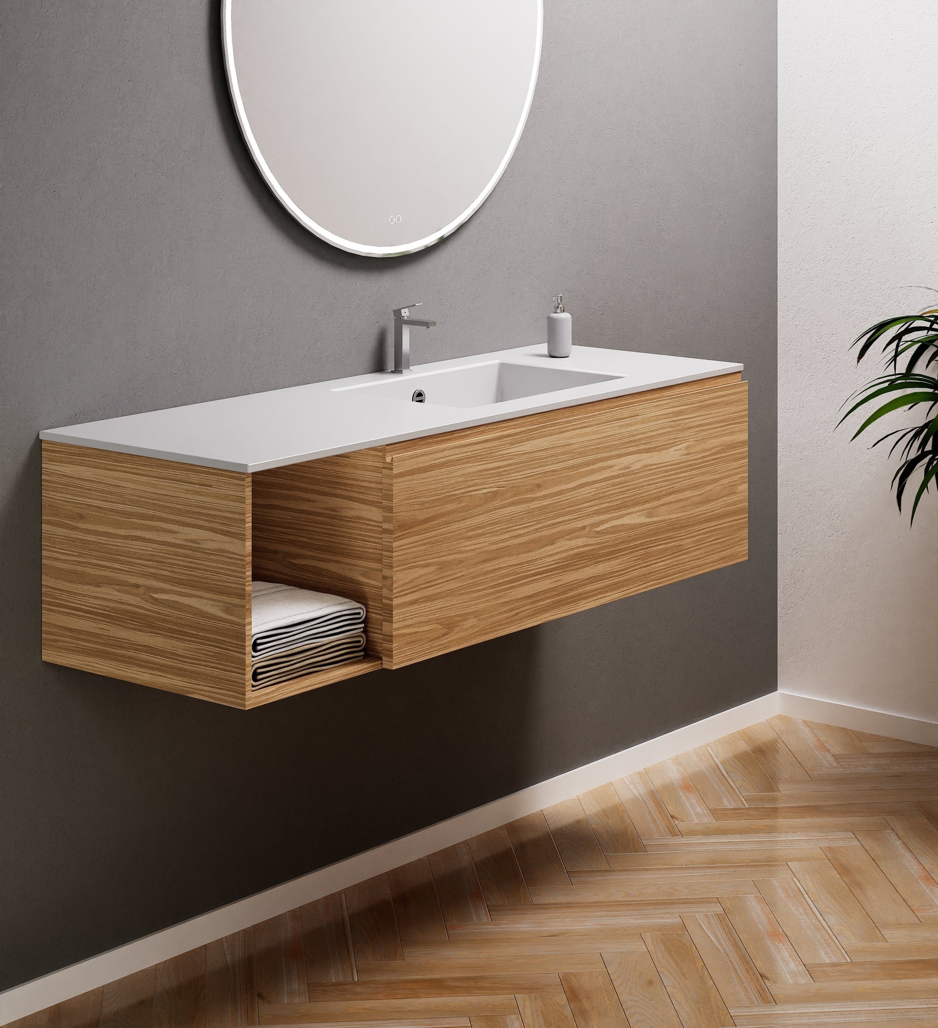 Aurora Single Set – Corian Basi & Countertop with 1 Drawer Vanity & Side Shelf - ROVALUX