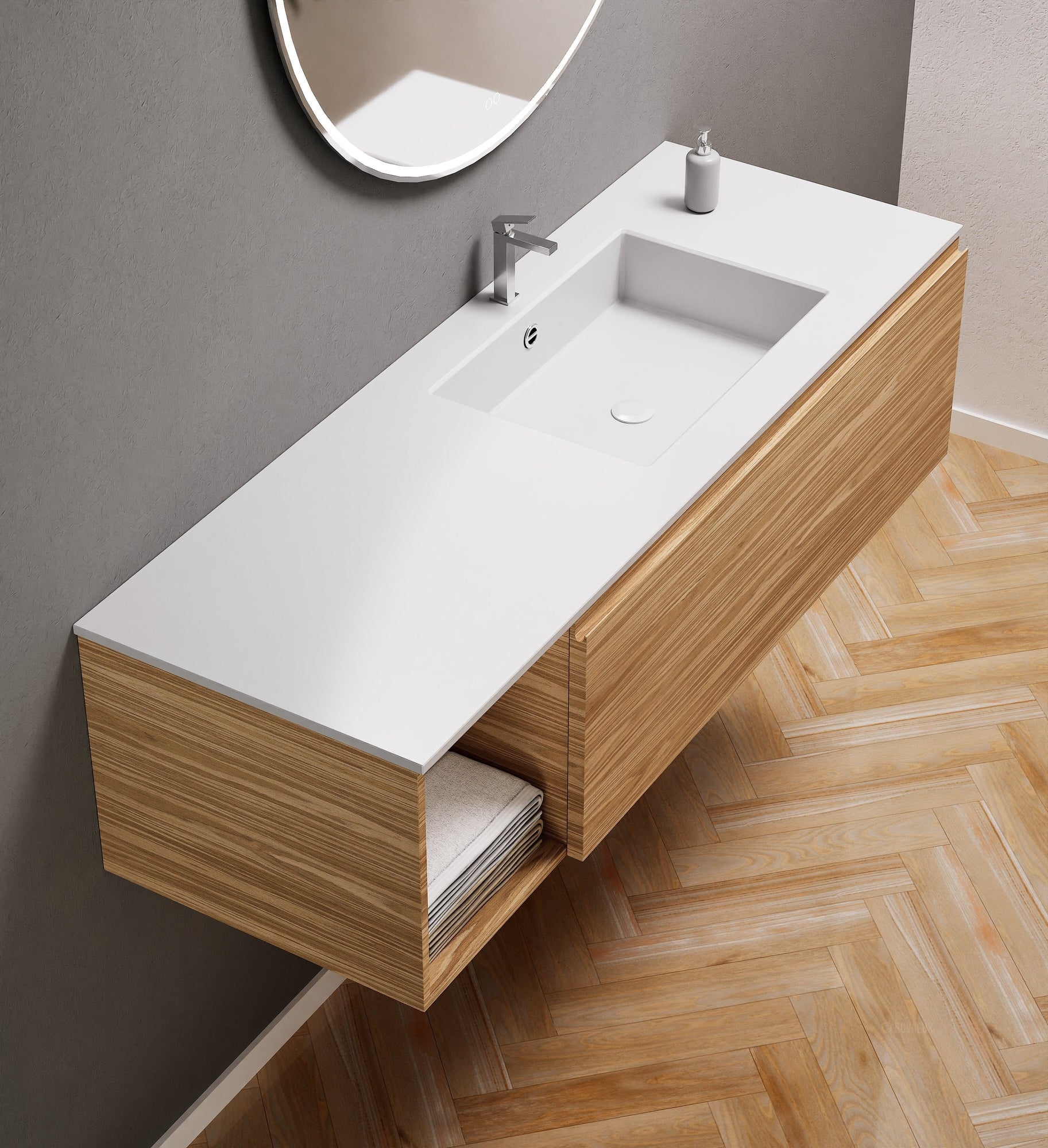 Aurora Single Set – Corian Basi & Countertop with 1 Drawer Vanity & Side Shelf - ROVALUX