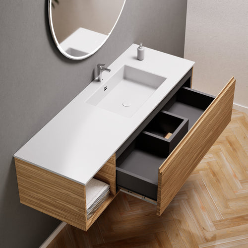 Aurora Single Set – Corian Basi & Countertop with 1 Drawer Vanity & Side Shelf - ROVALUX