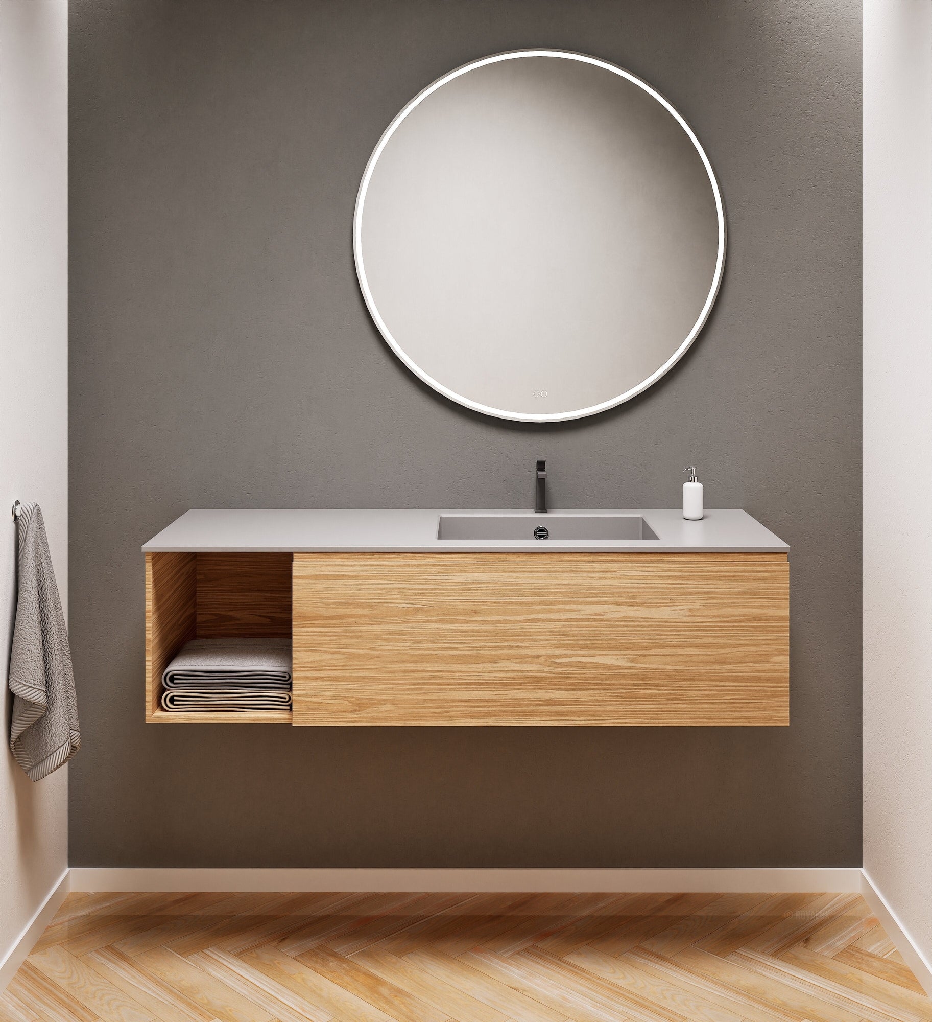 Aurora Single Set – Corian Basi & Countertop with 1 Drawer Vanity & Side Shelf - ROVALUX