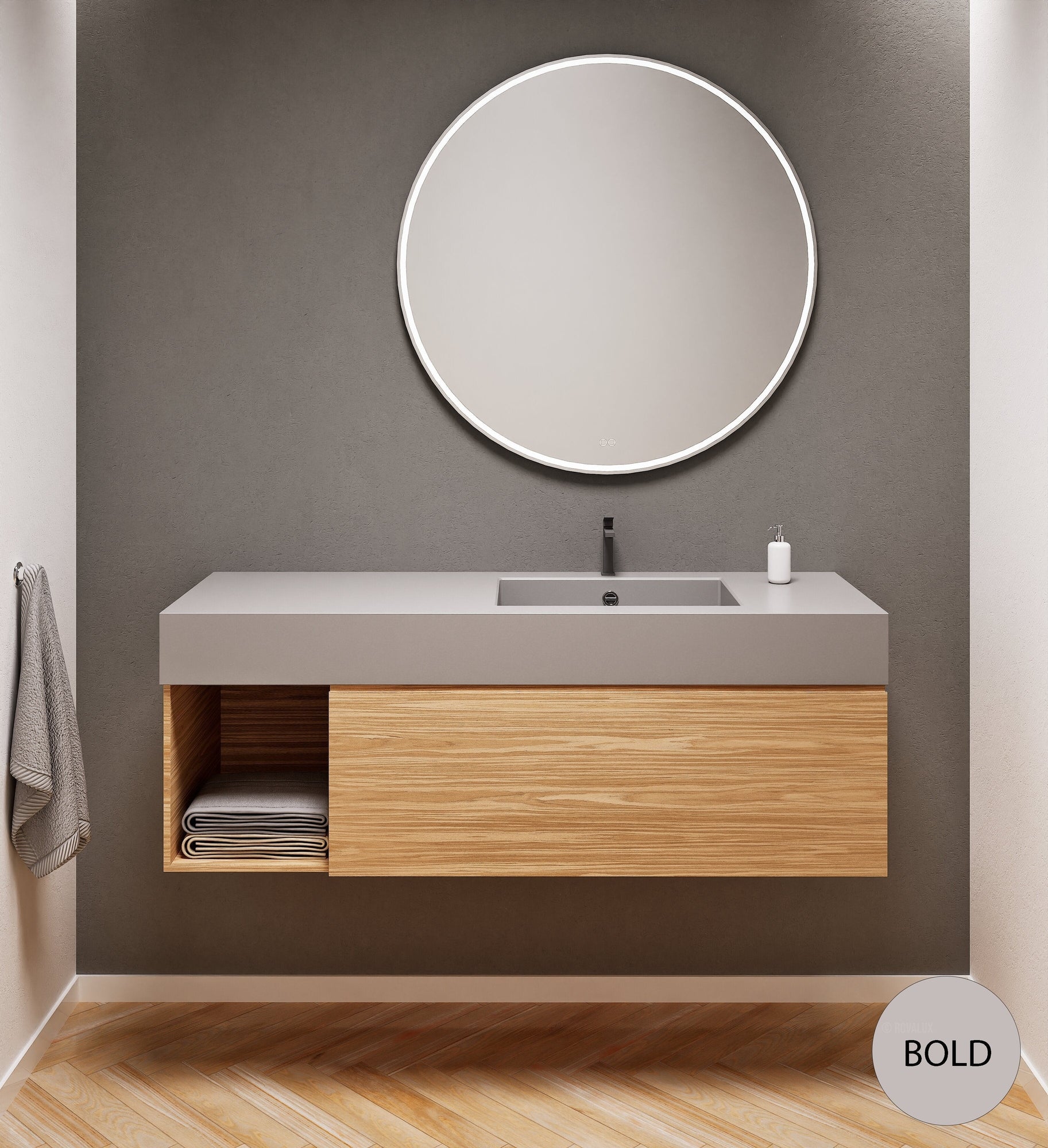Aurora Single Set – Corian Basi & Countertop with 1 Drawer Vanity & Side Shelf - ROVALUX