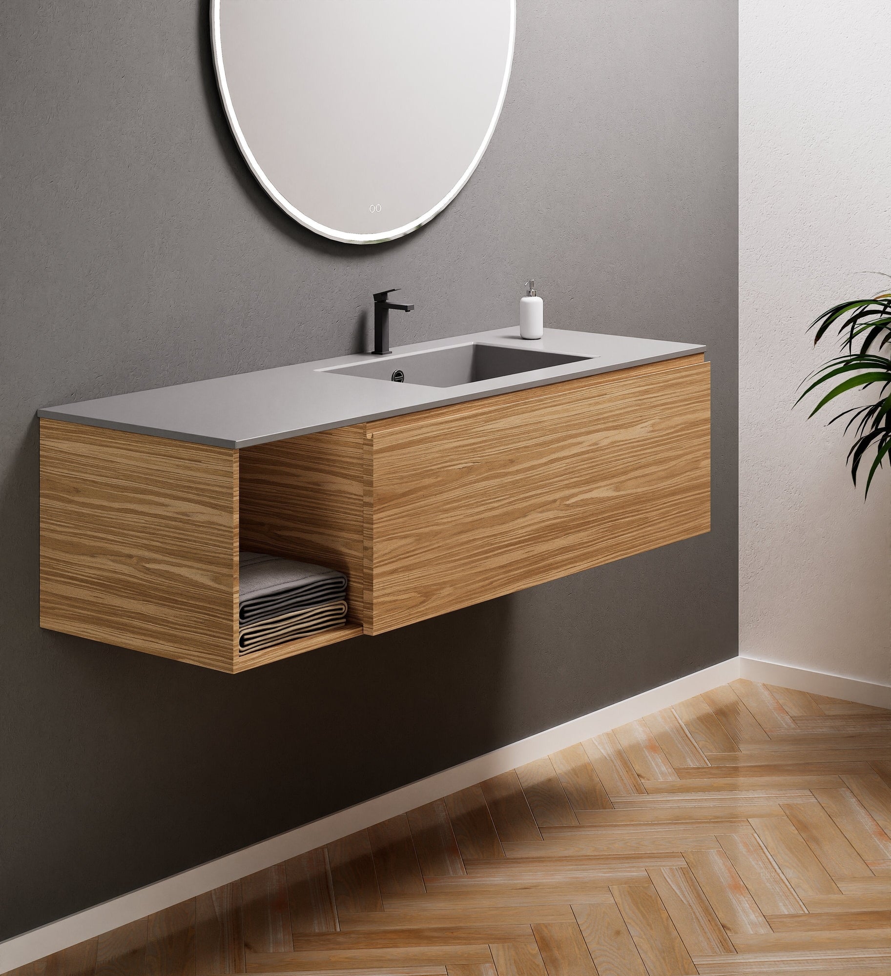 Aurora Single Set – Corian Basi & Countertop with 1 Drawer Vanity & Side Shelf - ROVALUX