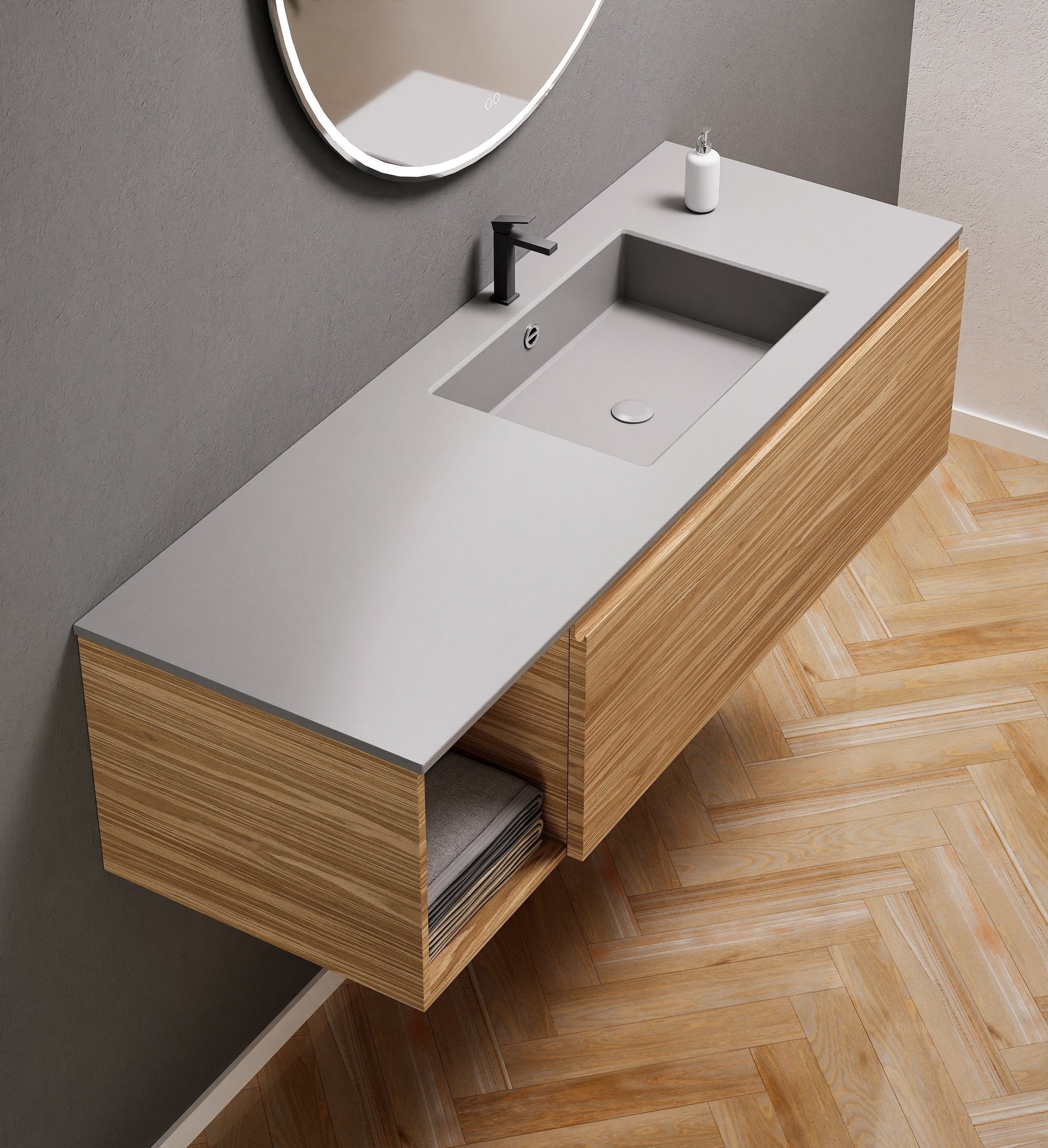 Aurora Single Set – Corian Basi & Countertop with 1 Drawer Vanity & Side Shelf - ROVALUX