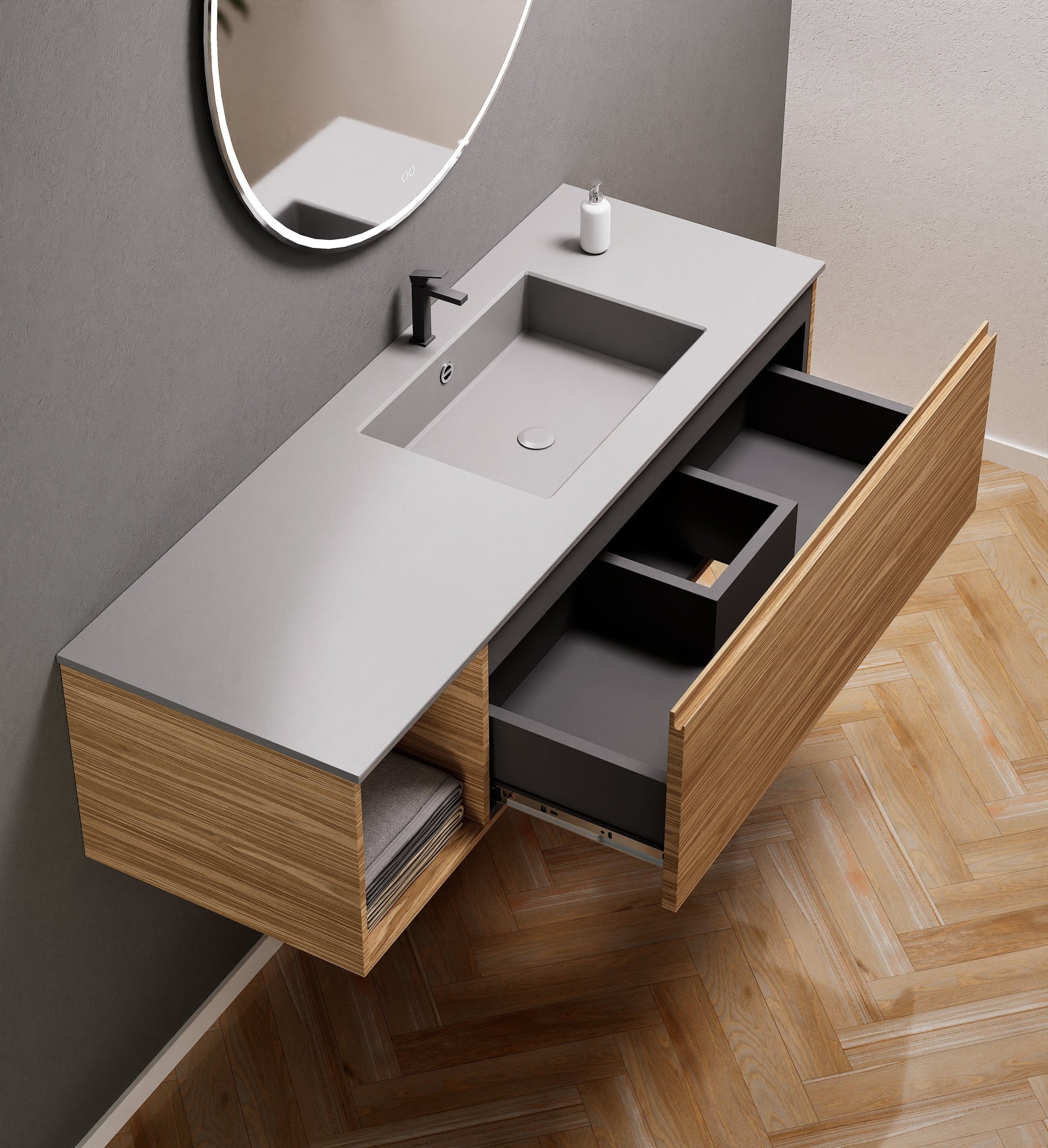 Aurora Single Set – Corian Basi & Countertop with 1 Drawer Vanity & Side Shelf - ROVALUX