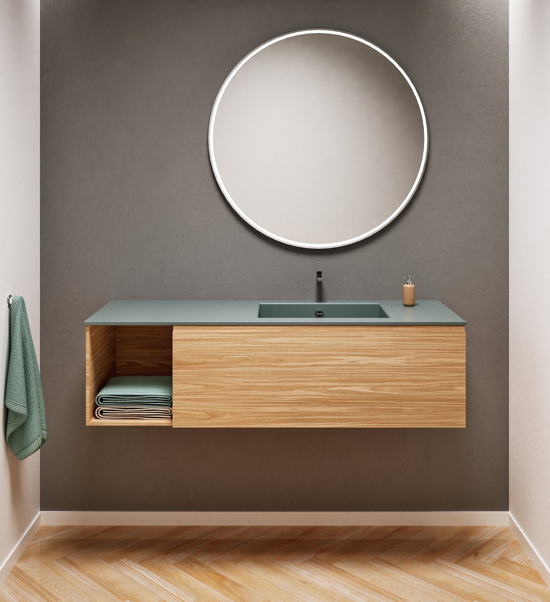 Aurora Single Set – Corian Basi & Countertop with 1 Drawer Vanity & Side Shelf - ROVALUX