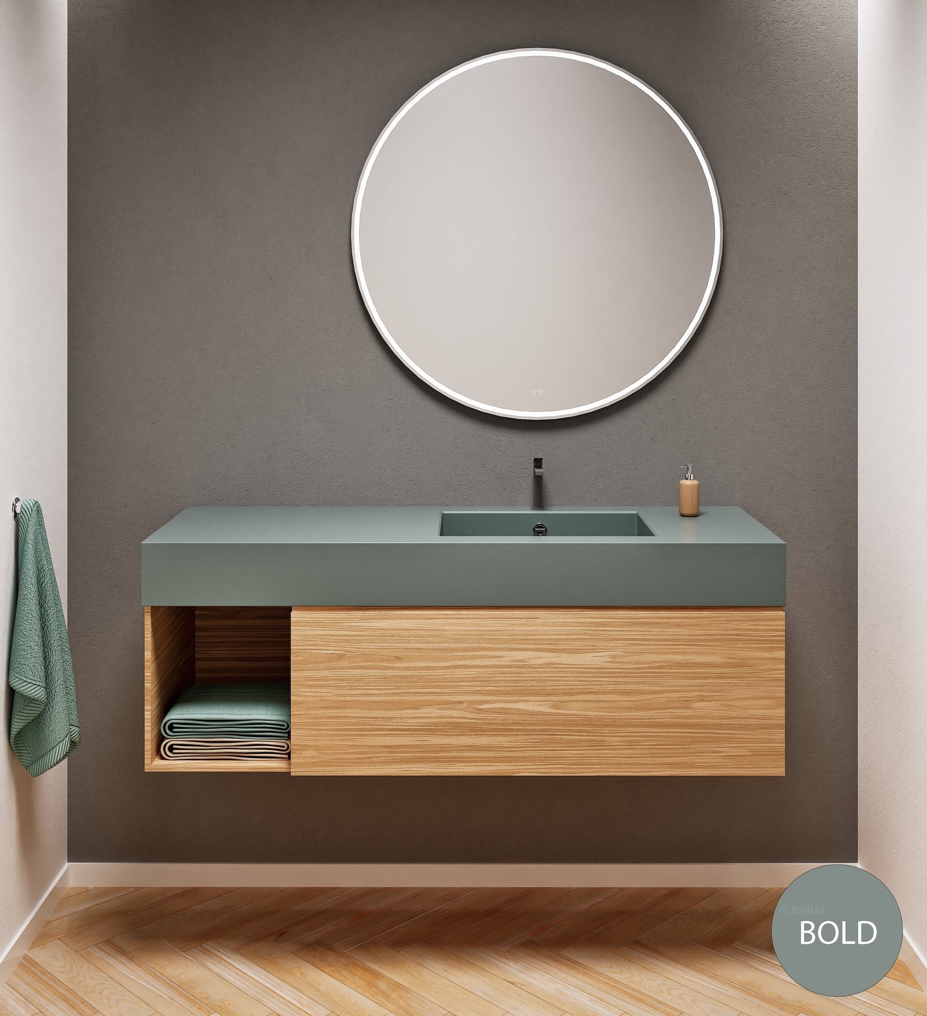 Aurora Single Set – Corian Basi & Countertop with 1 Drawer Vanity & Side Shelf - ROVALUX