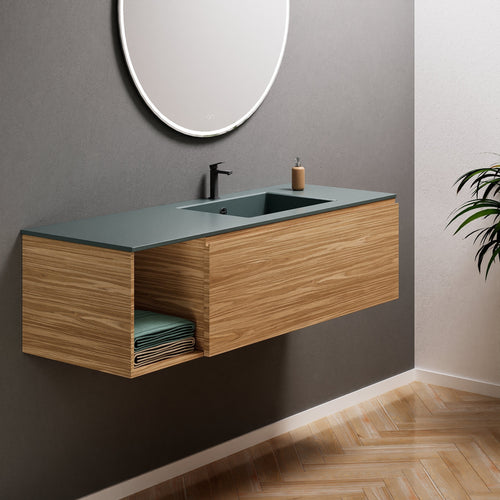 Aurora Single Set – Corian Basi & Countertop with 1 Drawer Vanity & Side Shelf - ROVALUX