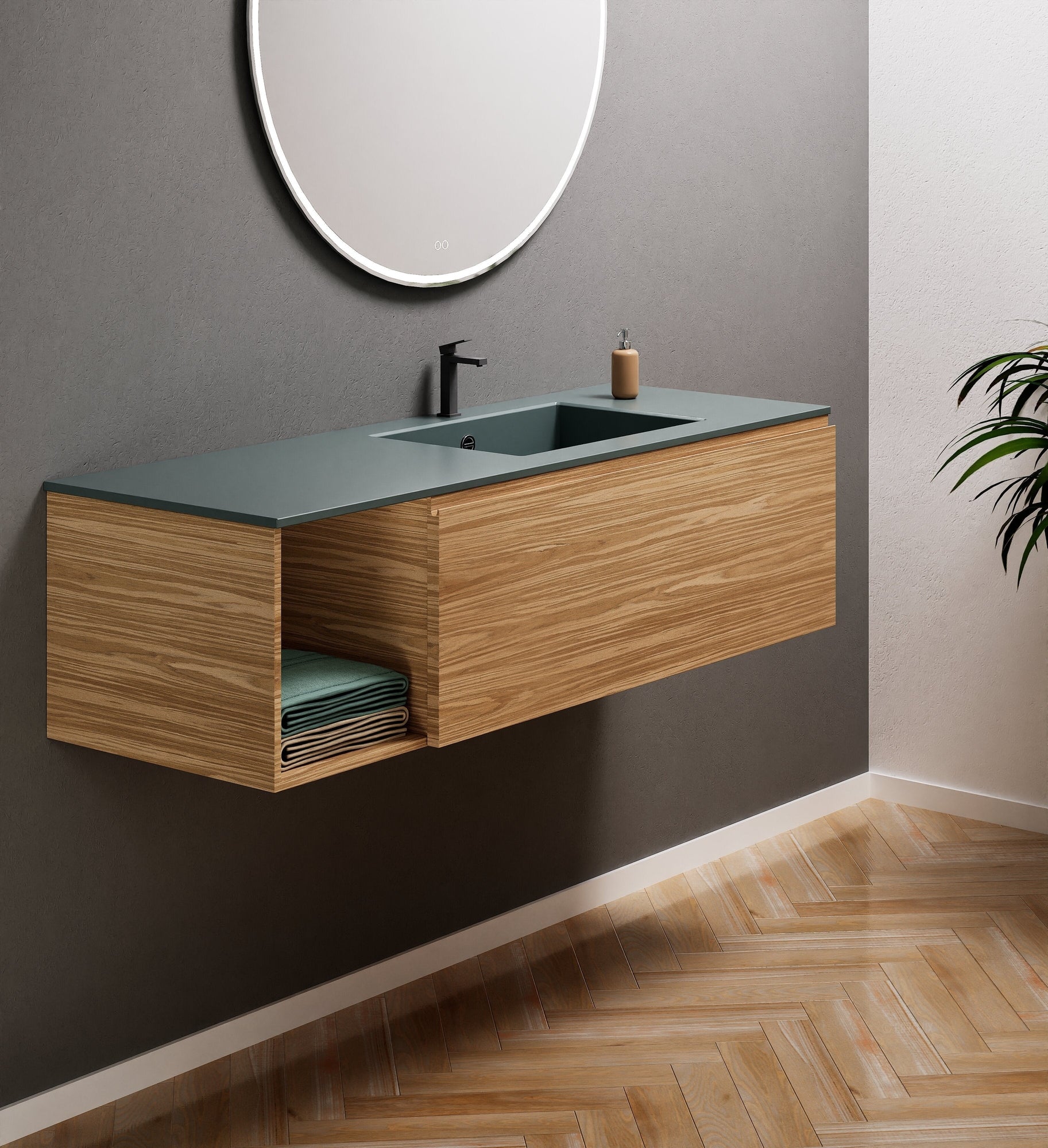 Aurora Single Set – Corian Basi & Countertop with 1 Drawer Vanity & Side Shelf - ROVALUX