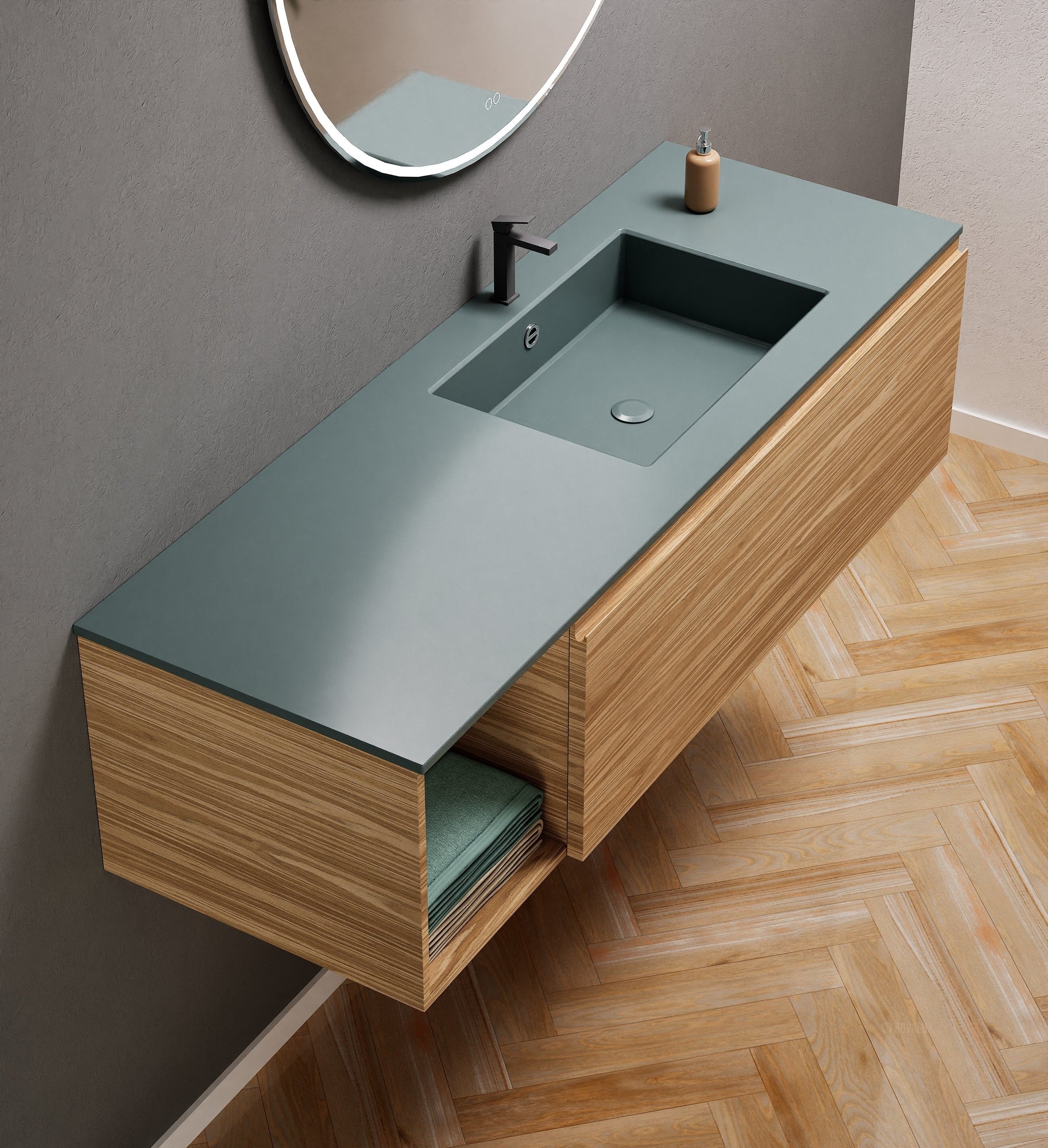 Aurora Single Set – Corian Basi & Countertop with 1 Drawer Vanity & Side Shelf - ROVALUX