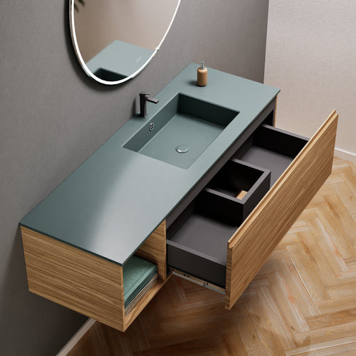 Aurora Single Set – Corian Basi & Countertop with 1 Drawer Vanity & Side Shelf - ROVALUX