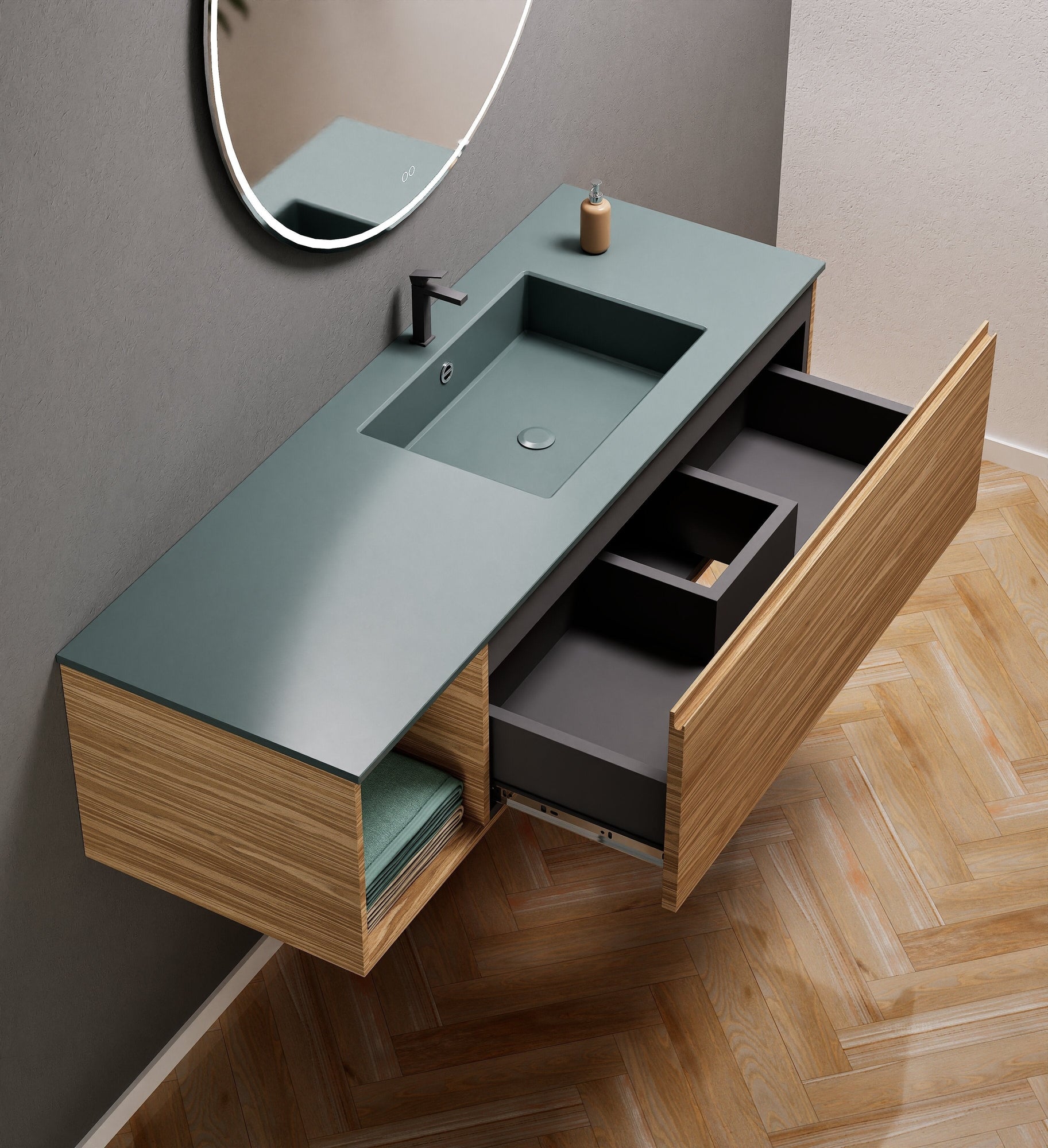 Aurora Single Set – Corian Basi & Countertop with 1 Drawer Vanity & Side Shelf - ROVALUX