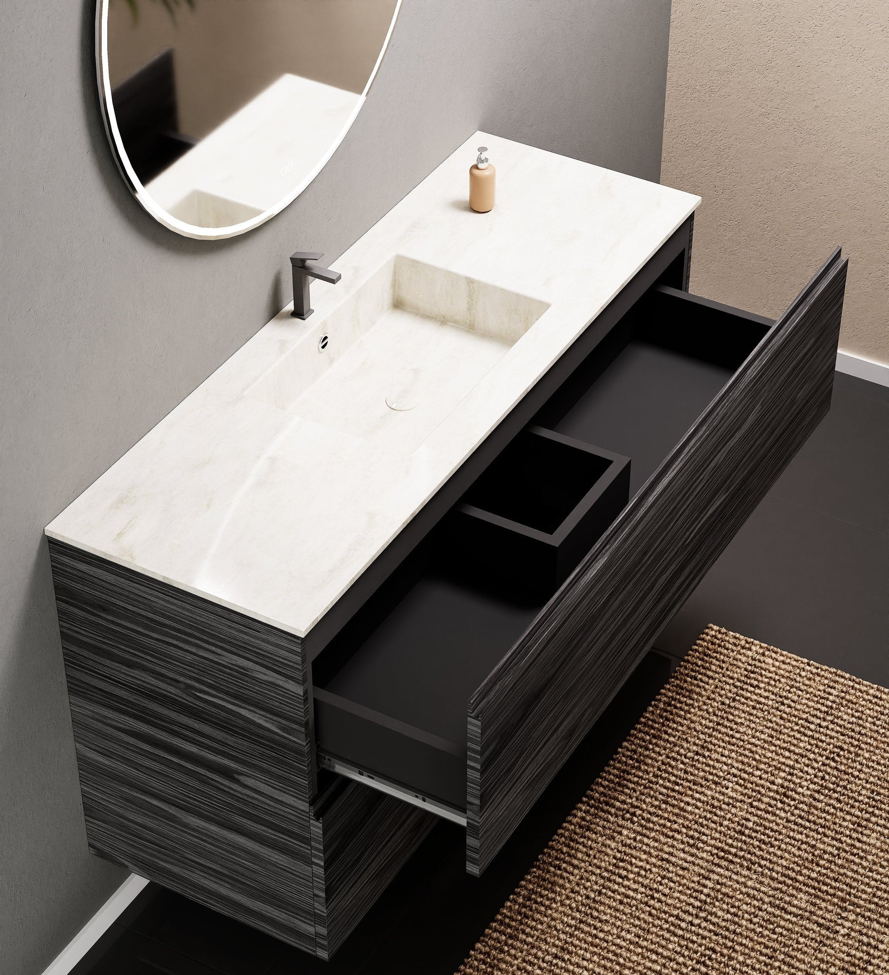 Aurora Single Set – Corian Sink & Countertop with 2 Drawers Vanity - ROVALUX