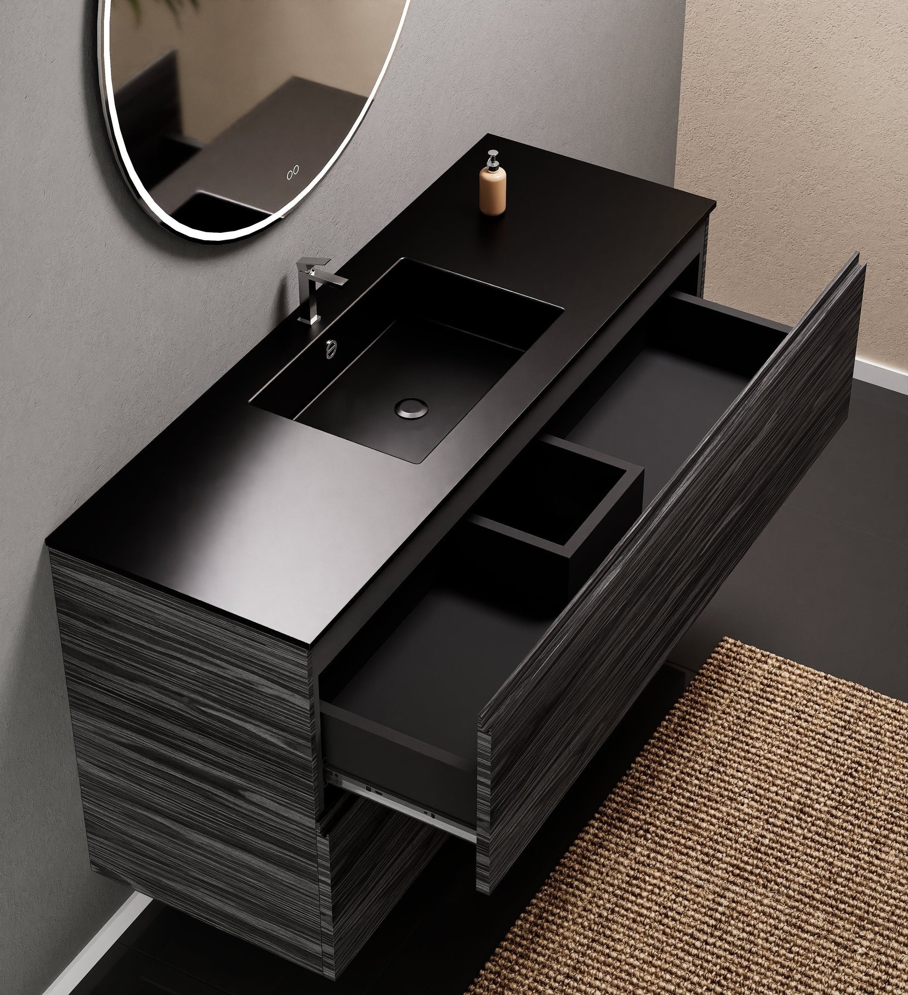 Aurora Single Set – Corian Sink & Countertop with 2 Drawers Vanity - ROVALUX
