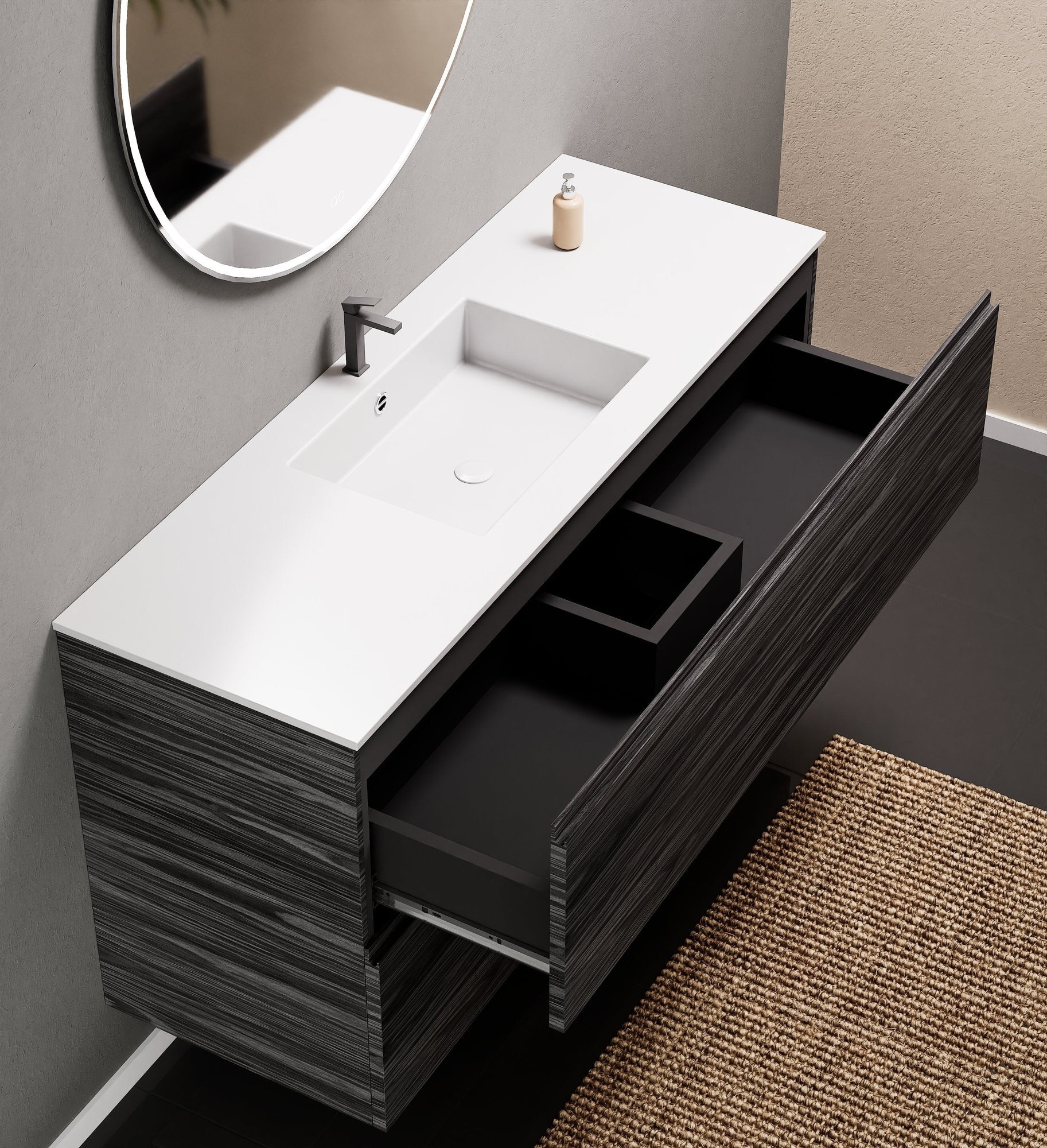 Aurora Single Set – Corian Sink & Countertop with 2 Drawers Vanity - ROVALUX
