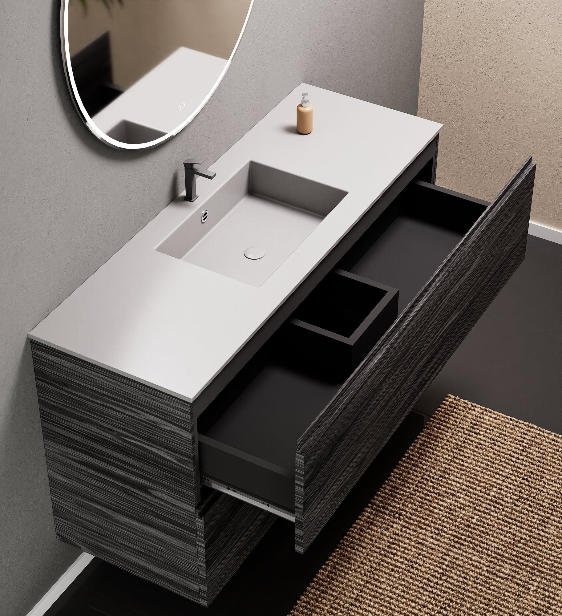Aurora Single Set – Corian Sink & Countertop with 2 Drawers Vanity - ROVALUX