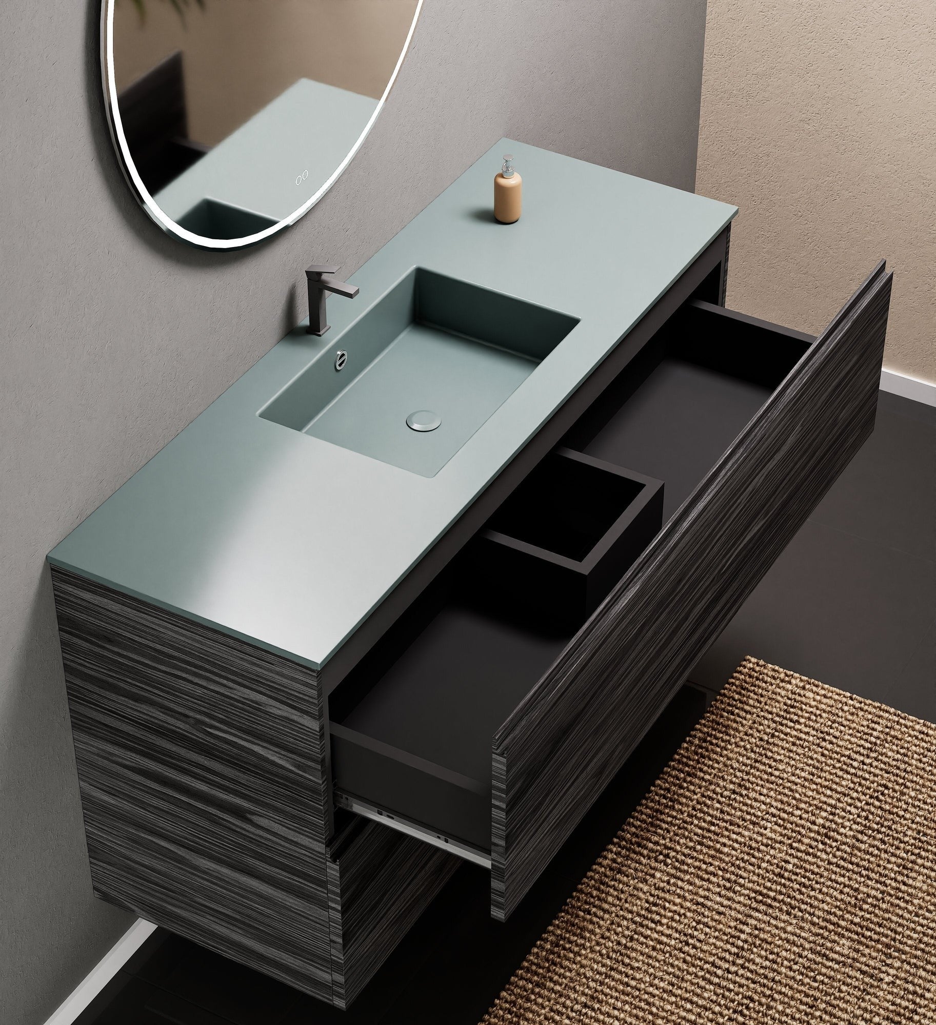 Aurora Single Set – Corian Sink & Countertop with 2 Drawers Vanity - ROVALUX