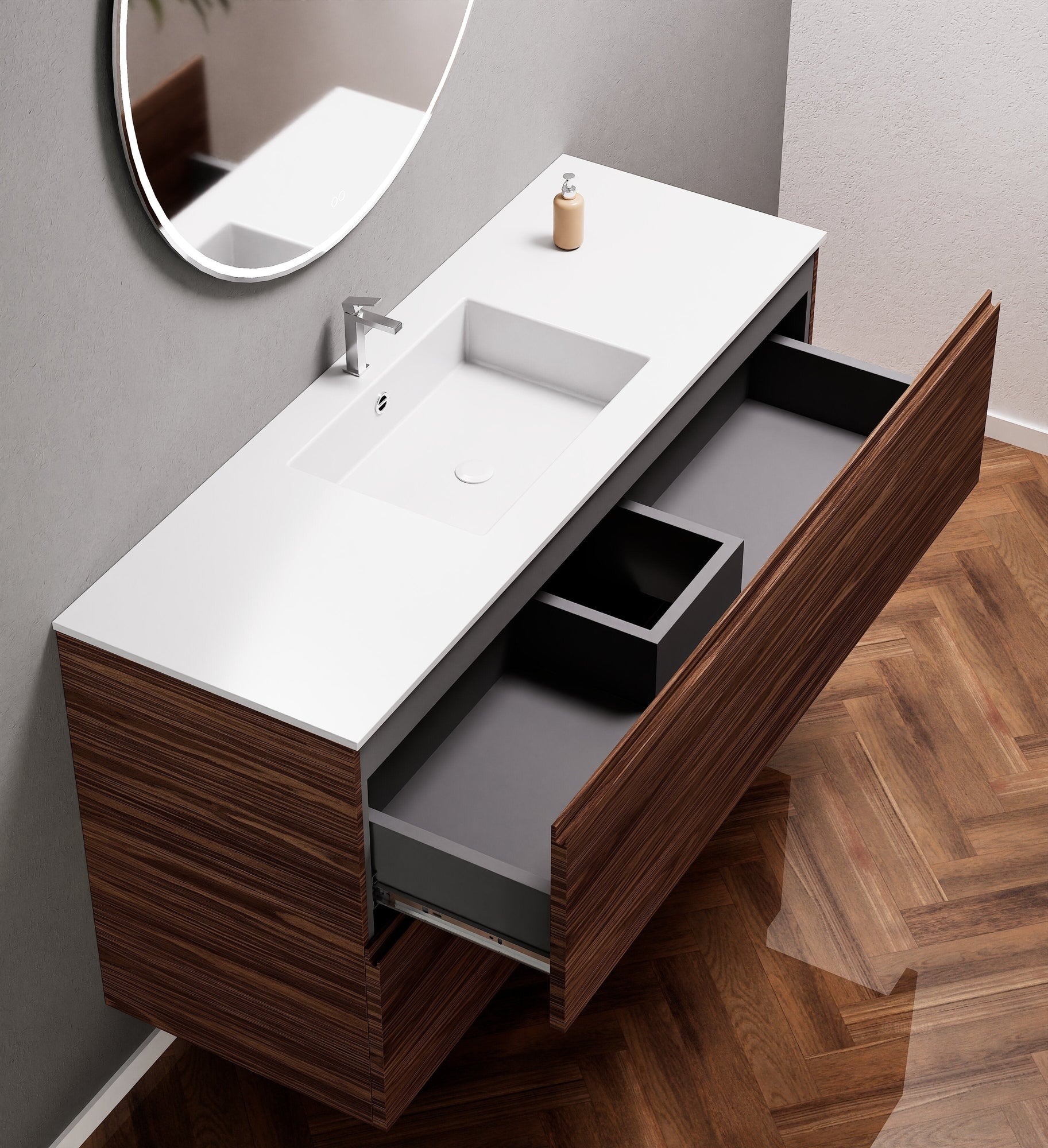 Aurora Single Set – Corian Sink & Countertop with 2 Drawers Vanity - ROVALUX