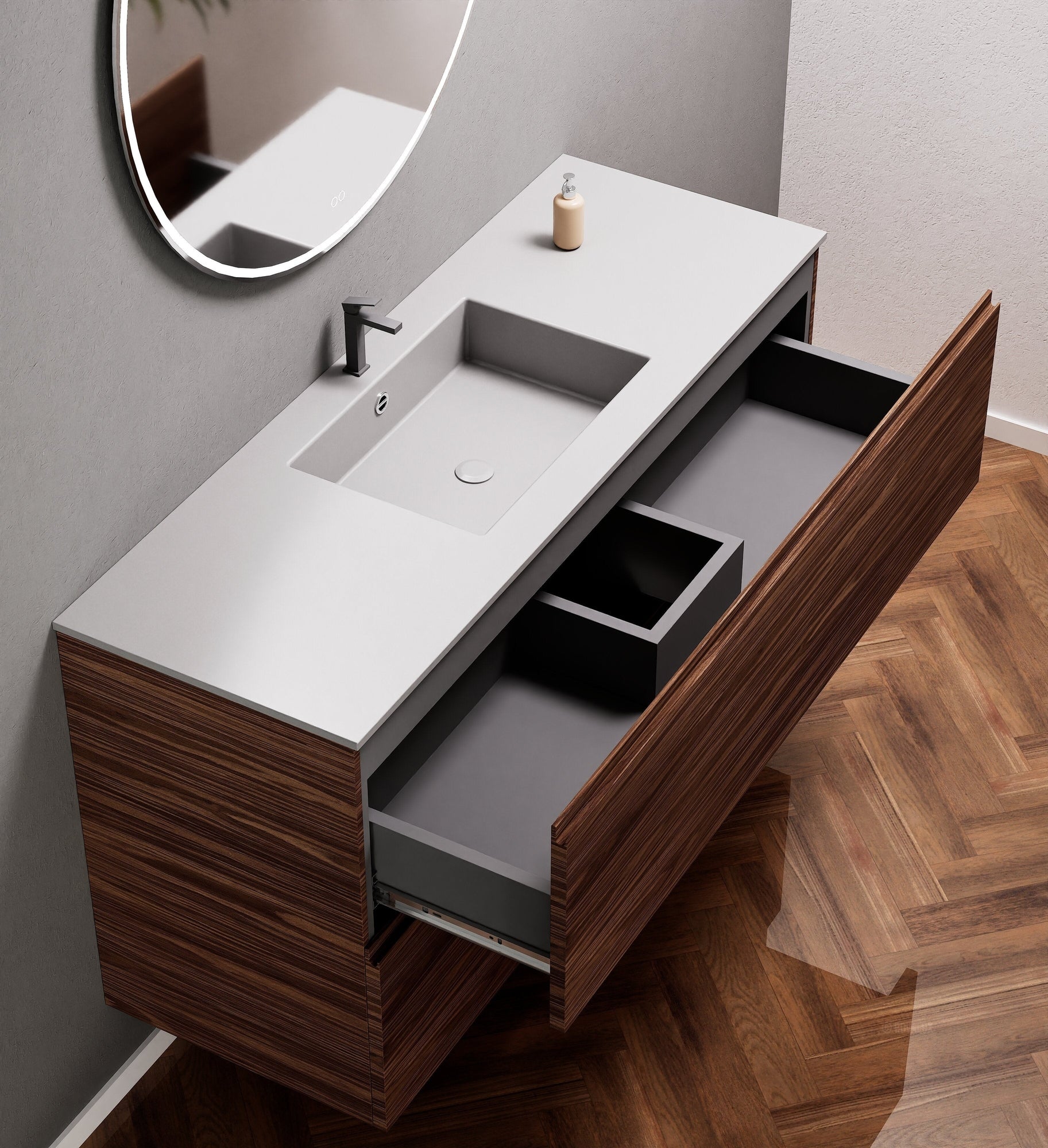 Aurora Single Set – Corian Sink & Countertop with 2 Drawers Vanity - ROVALUX