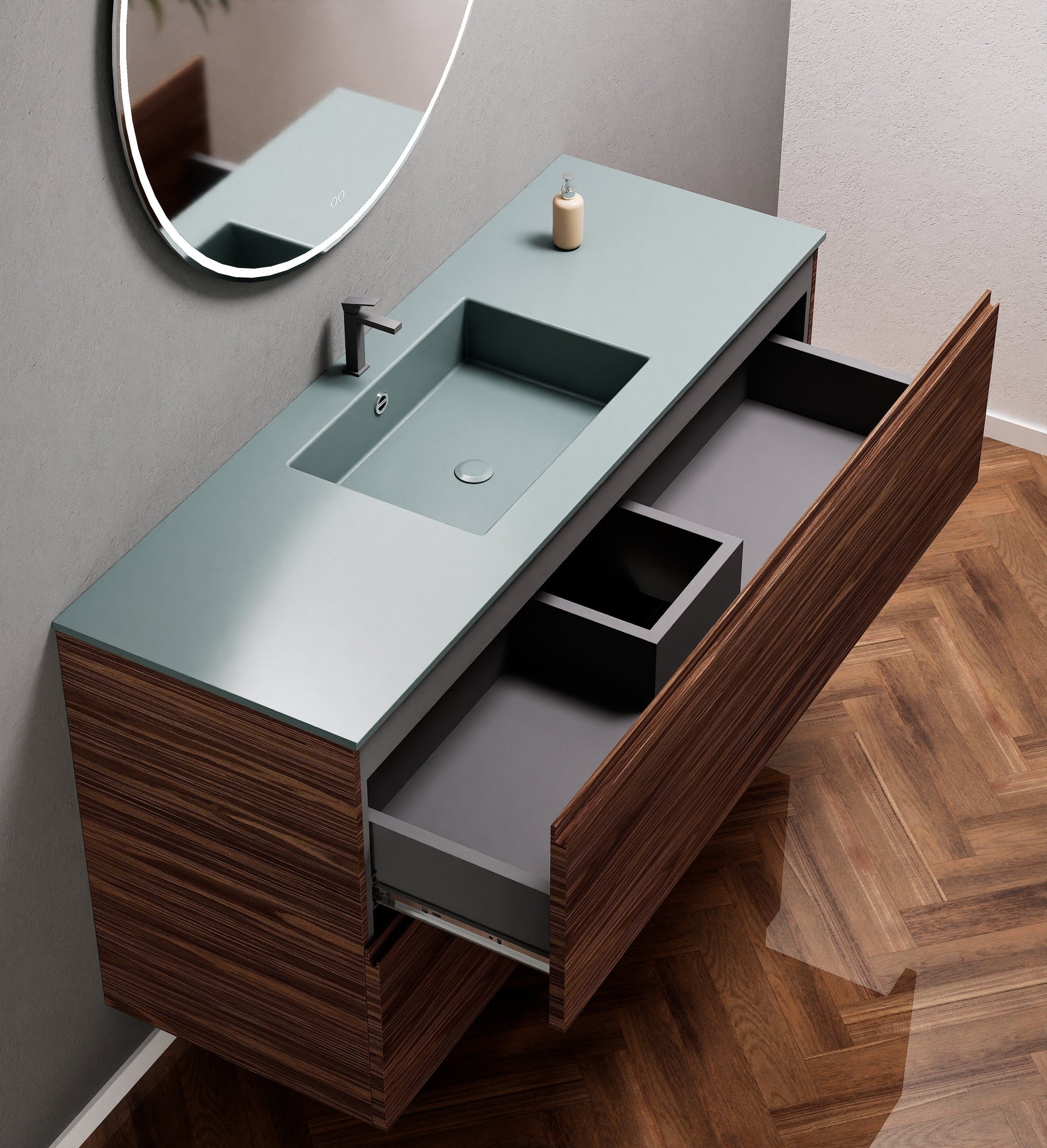 Aurora Single Set – Corian Sink & Countertop with 2 Drawers Vanity - ROVALUX