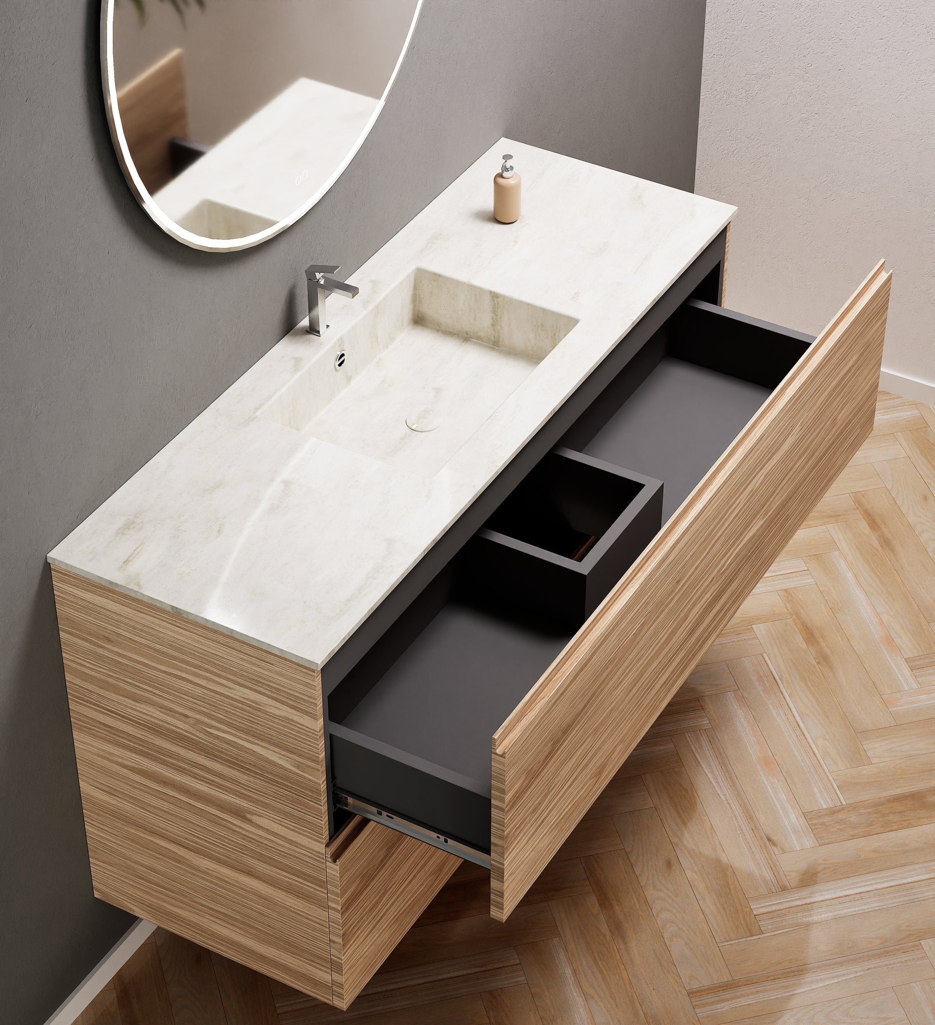 Aurora Single Set – Corian Sink & Countertop with 2 Drawers Vanity - ROVALUX