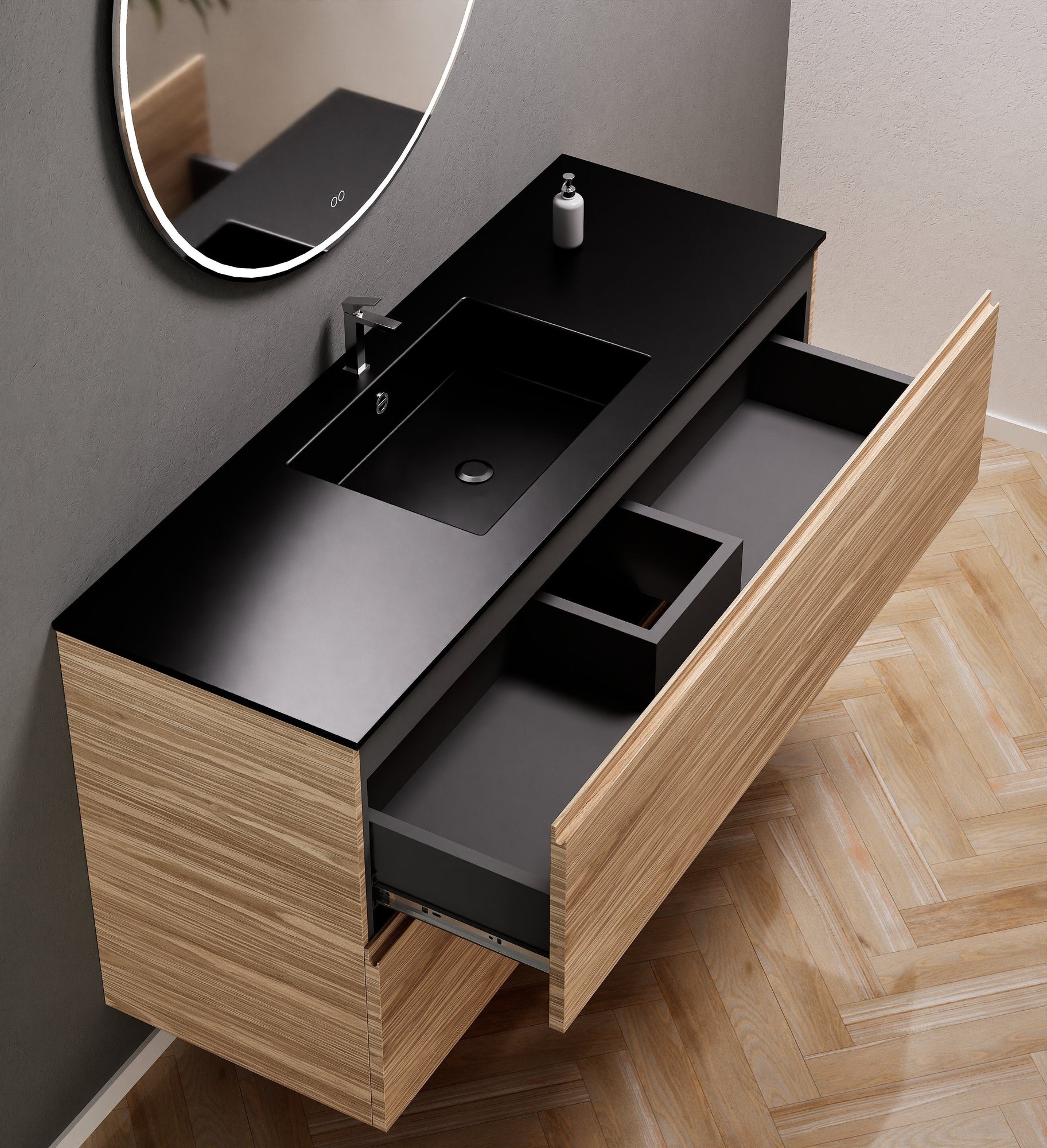 Aurora Single Set – Corian Sink & Countertop with 2 Drawers Vanity - ROVALUX