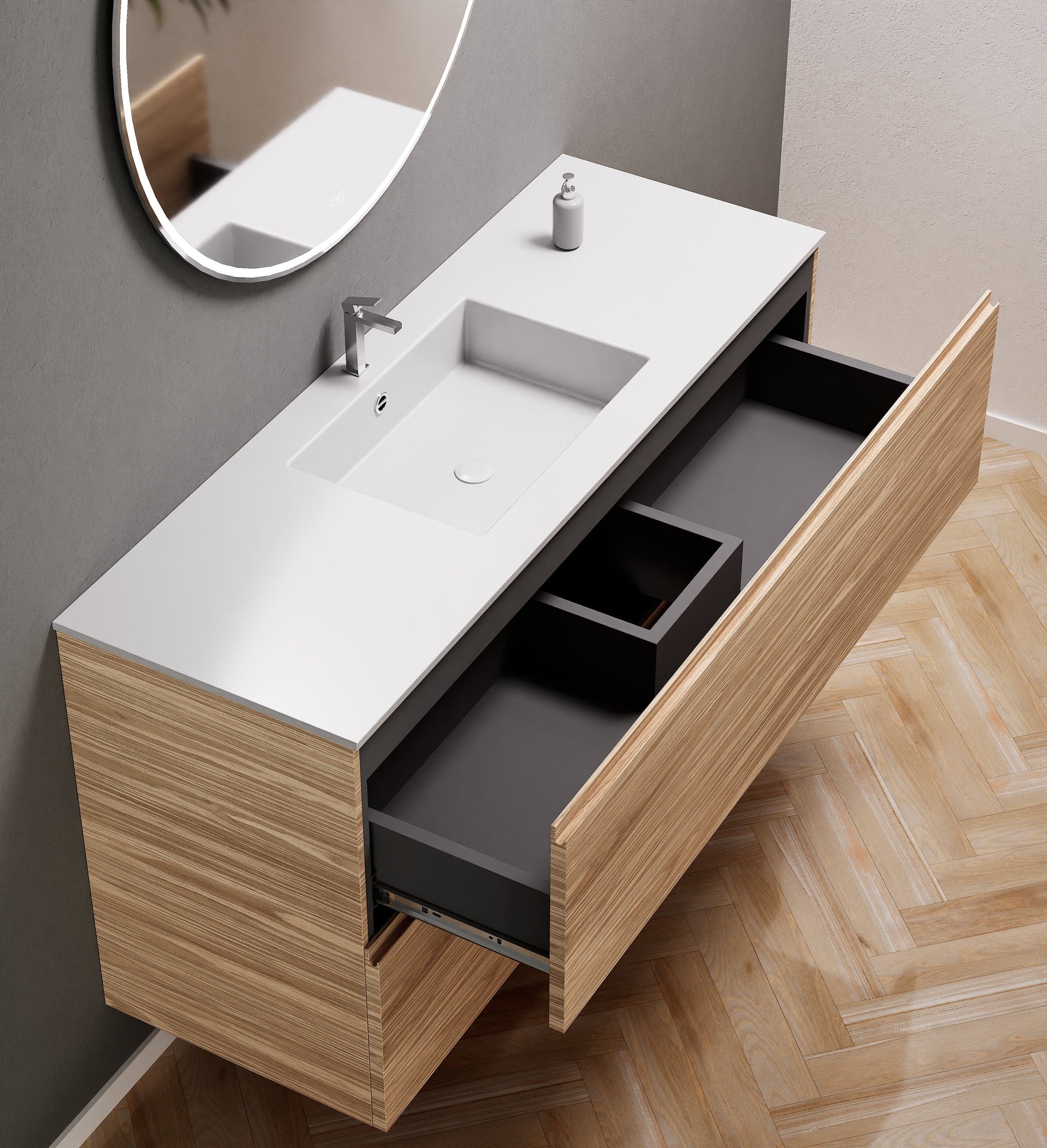 Aurora Single Set – Corian Sink & Countertop with 2 Drawers Vanity - ROVALUX