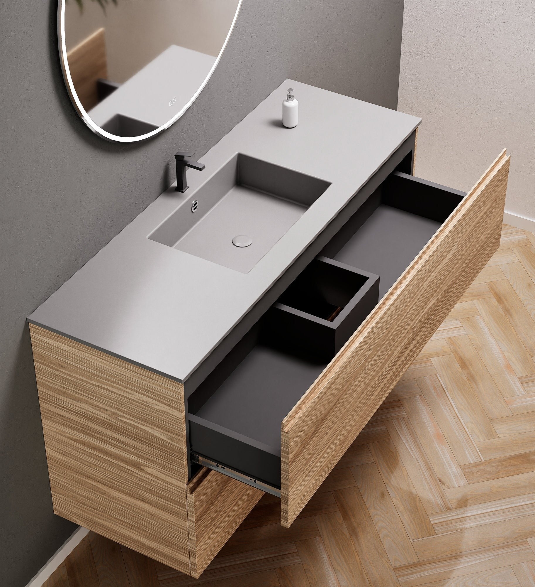 Aurora Single Set – Corian Sink & Countertop with 2 Drawers Vanity - ROVALUX