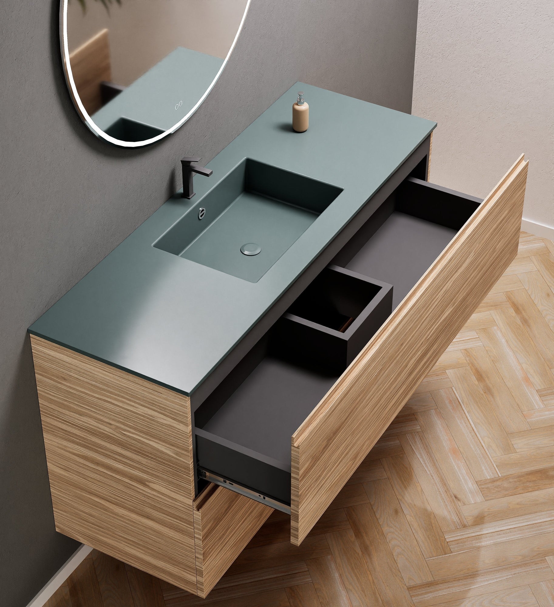 Aurora Single Set – Corian Sink & Countertop with 2 Drawers Vanity - ROVALUX