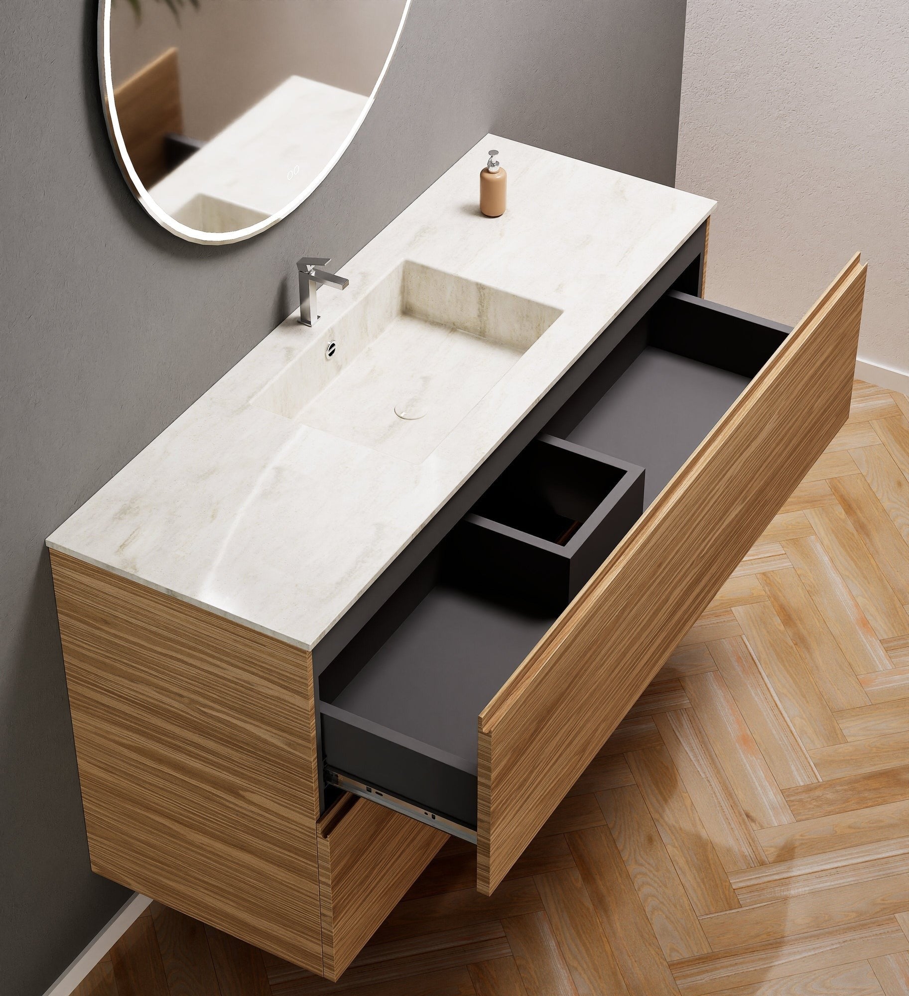 Aurora Single Set – Corian Sink & Countertop with 2 Drawers Vanity - ROVALUX