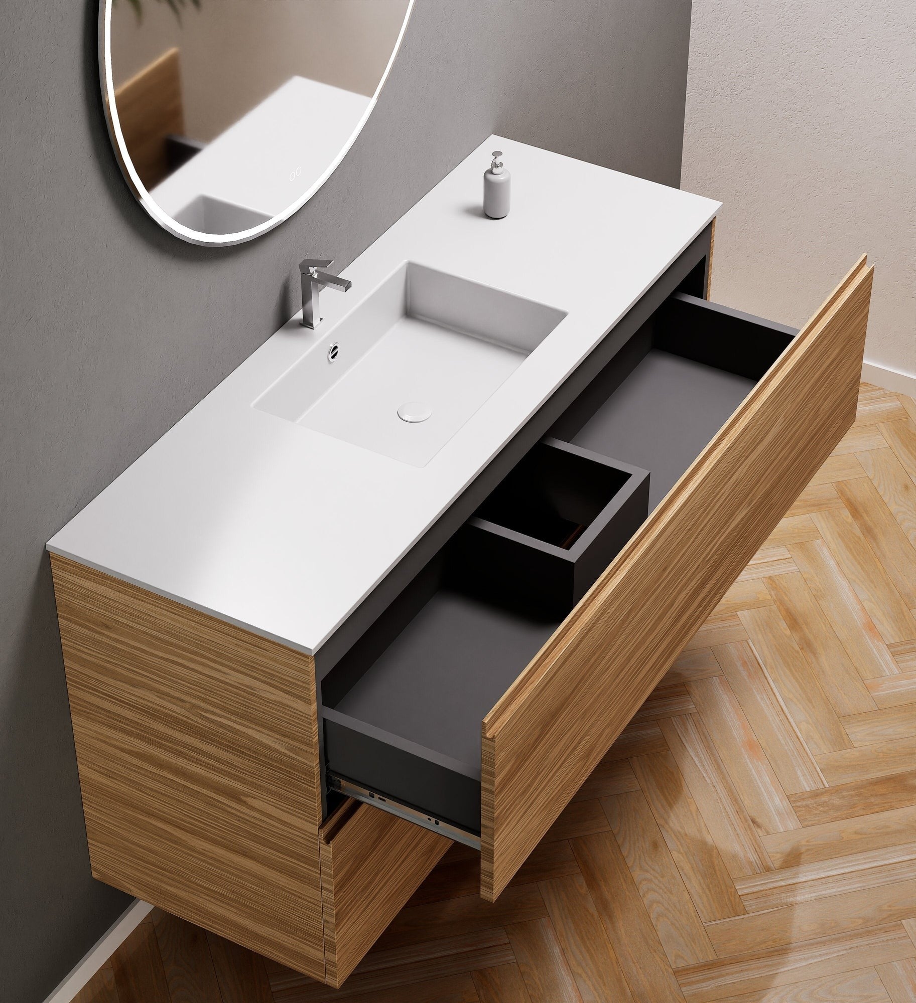 Aurora Single Set – Corian Sink & Countertop with 2 Drawers Vanity - ROVALUX