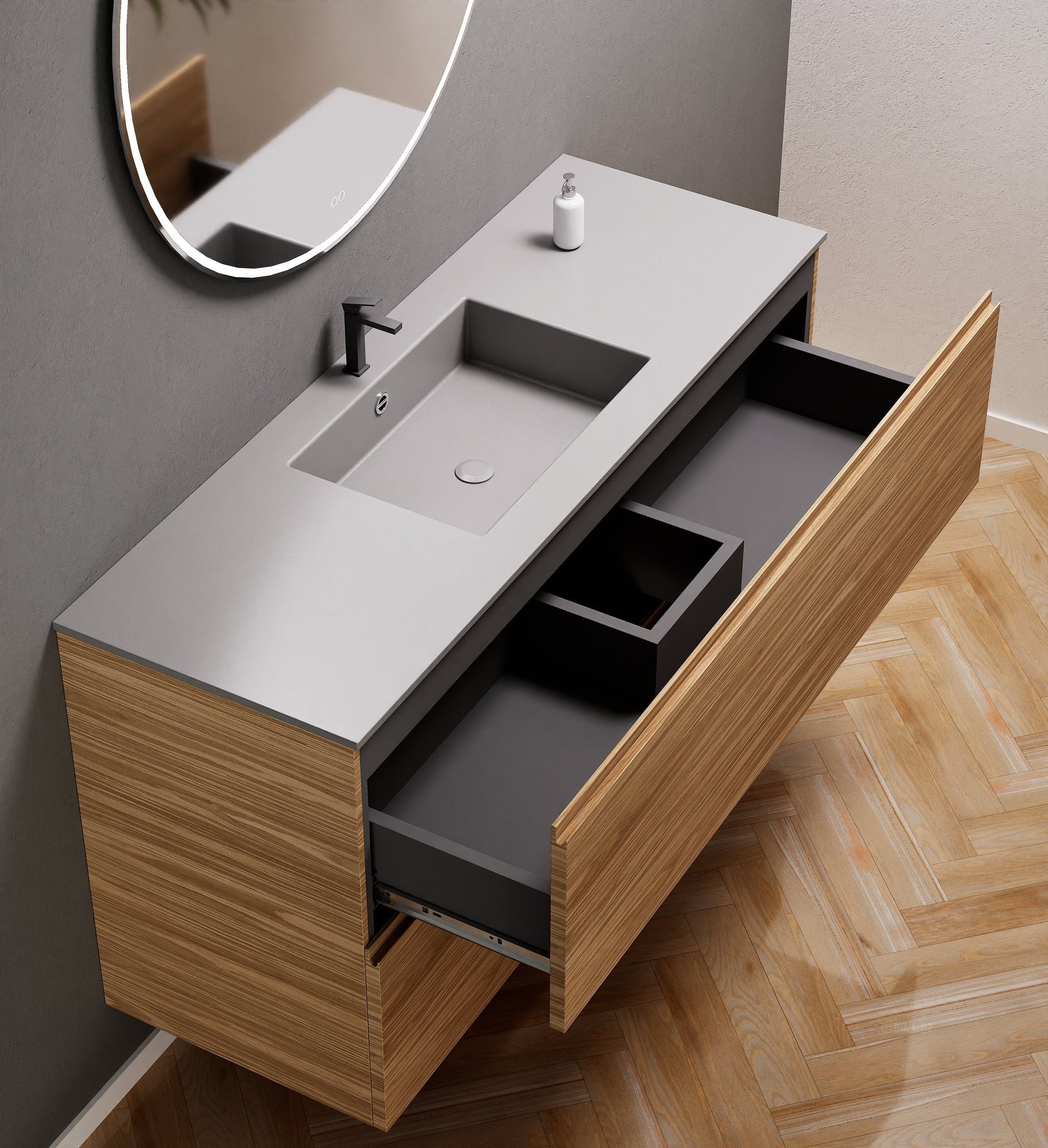 Aurora Single Set – Corian Sink & Countertop with 2 Drawers Vanity - ROVALUX