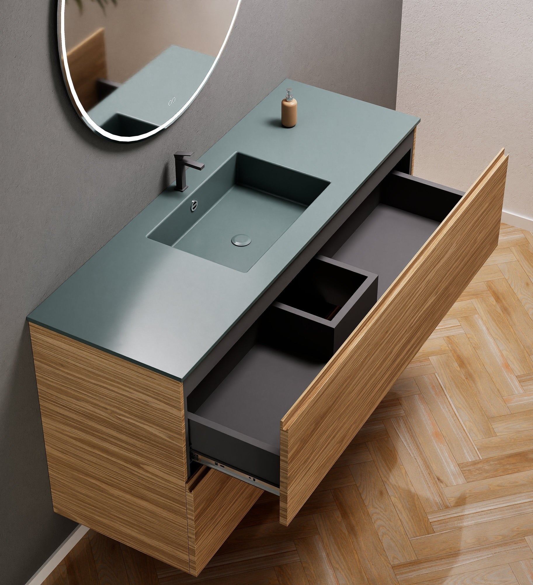 Aurora Single Set – Corian Sink & Countertop with 2 Drawers Vanity - ROVALUX