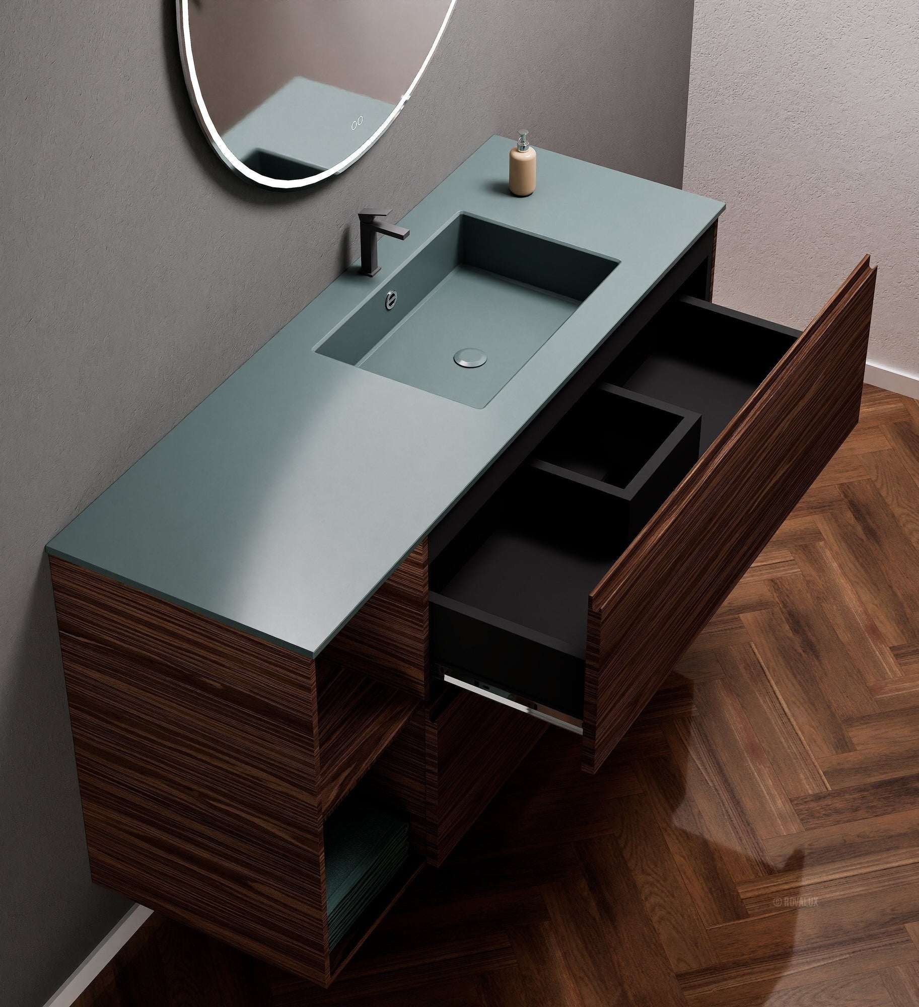 Aurora – Corian® Basin Unit with 2 Drawers and 2 Side Shelves - ROVALUX