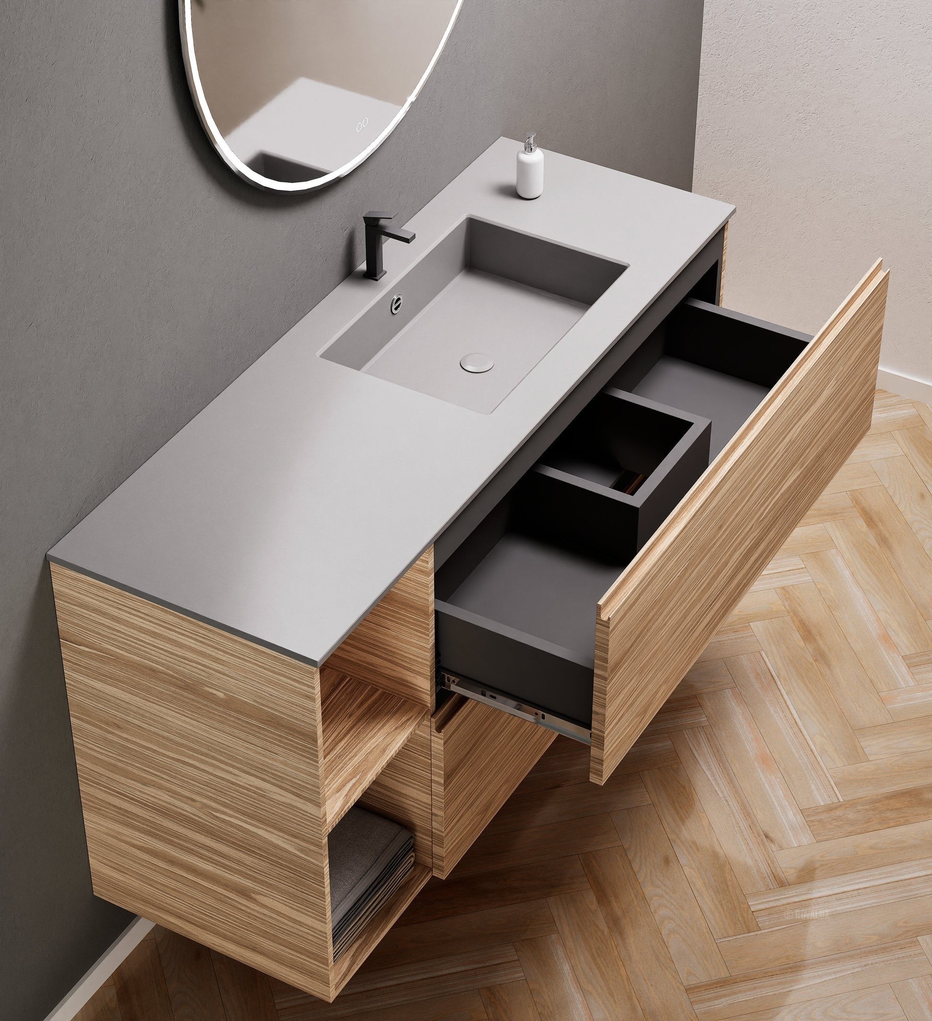 Aurora – Corian® Basin Unit with 2 Drawers and 2 Side Shelves - ROVALUX