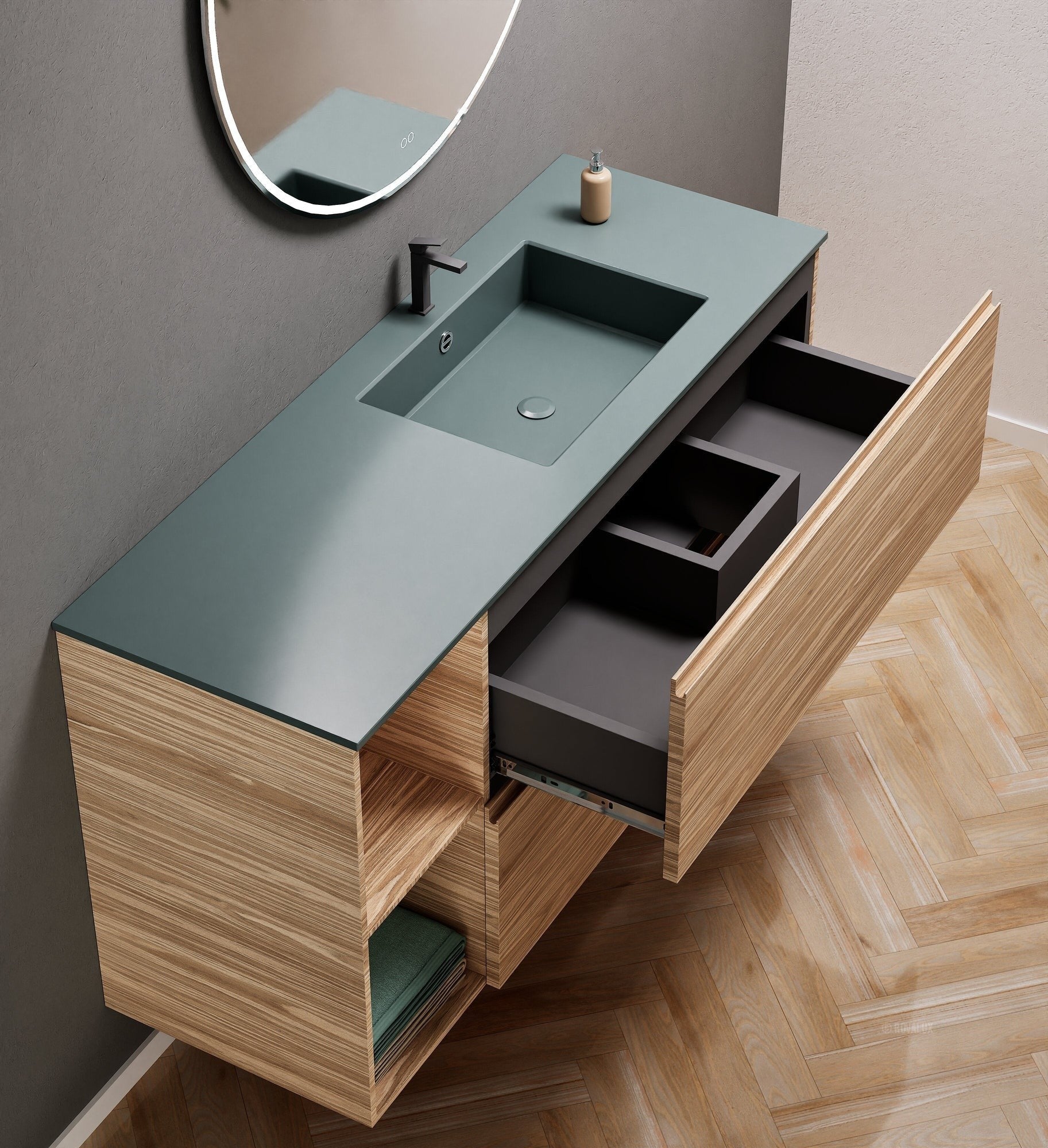 Aurora – Corian® Basin Unit with 2 Drawers and 2 Side Shelves - ROVALUX