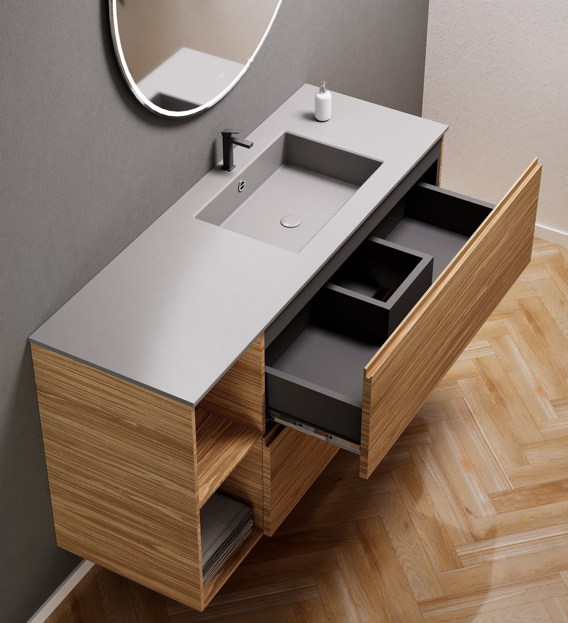 Aurora – Corian® Basin Unit with 2 Drawers and 2 Side Shelves - ROVALUX