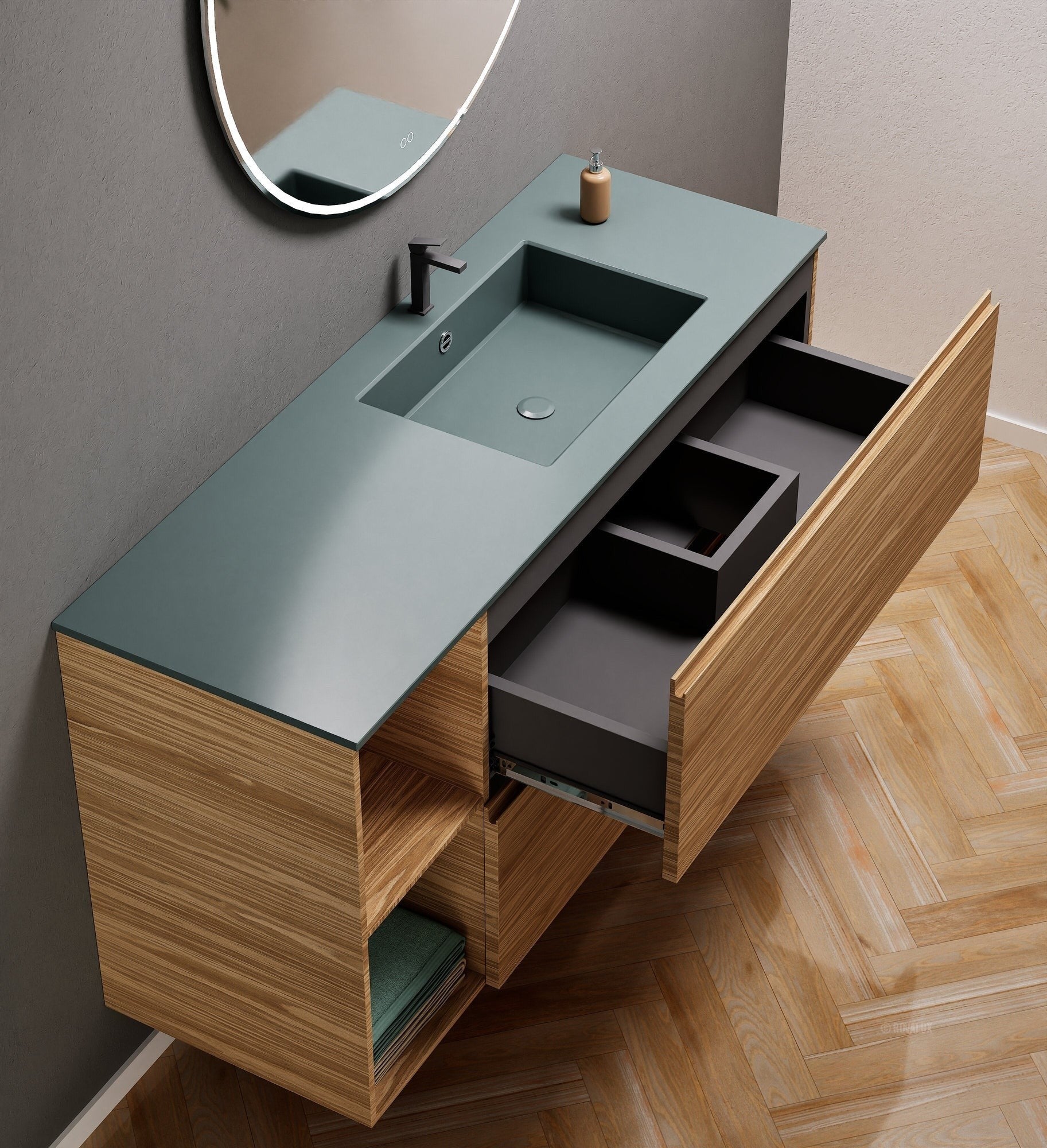 Aurora – Corian® Basin Unit with 2 Drawers and 2 Side Shelves - ROVALUX